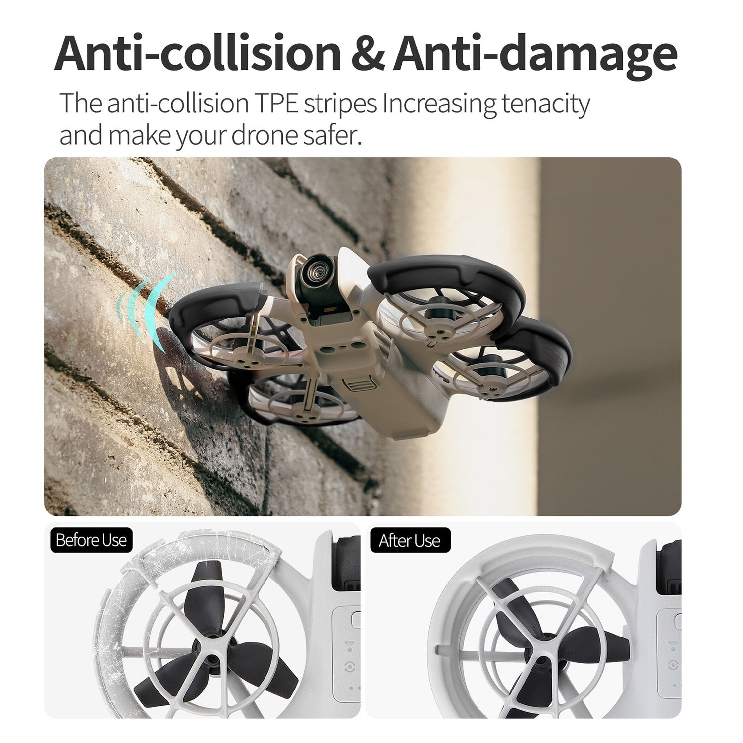 Drone davanti a un muro. Due immagini che mostrano la protezione del drone.