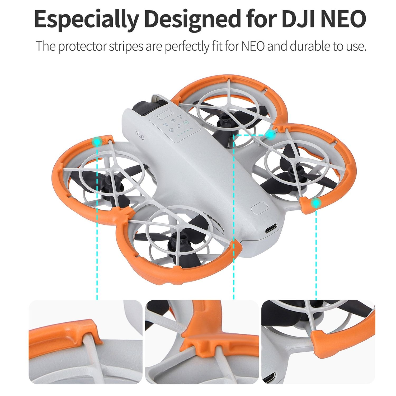 Drone con strisce arancioni. I primi piani dettagliati delle strisce. Sfondo bianco con grafica e testo.
