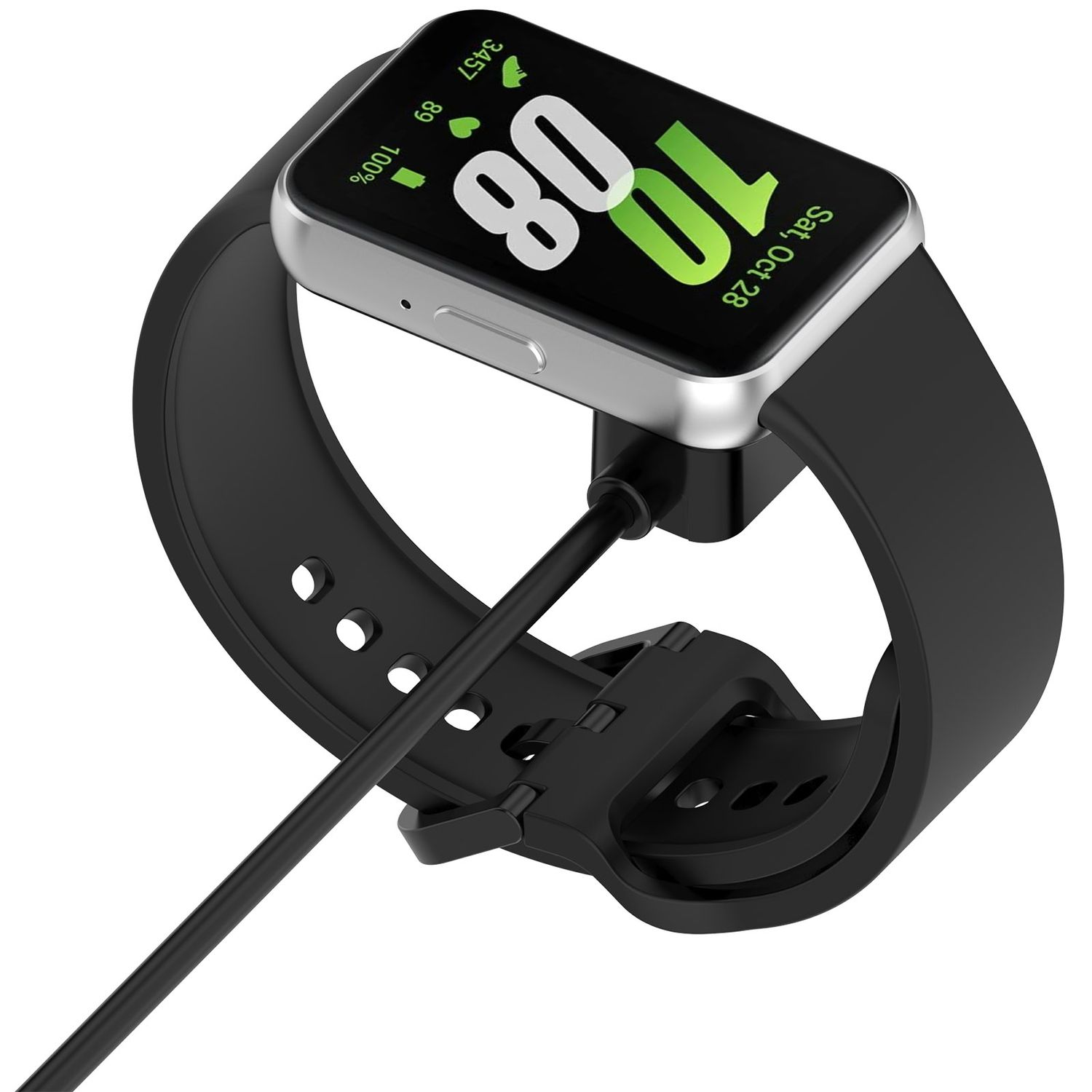 Eine schwarze Smartwatch auf einer Ladestation, mit angeschlossenem Ladekabel. Zeigt Zeit und Akku an.