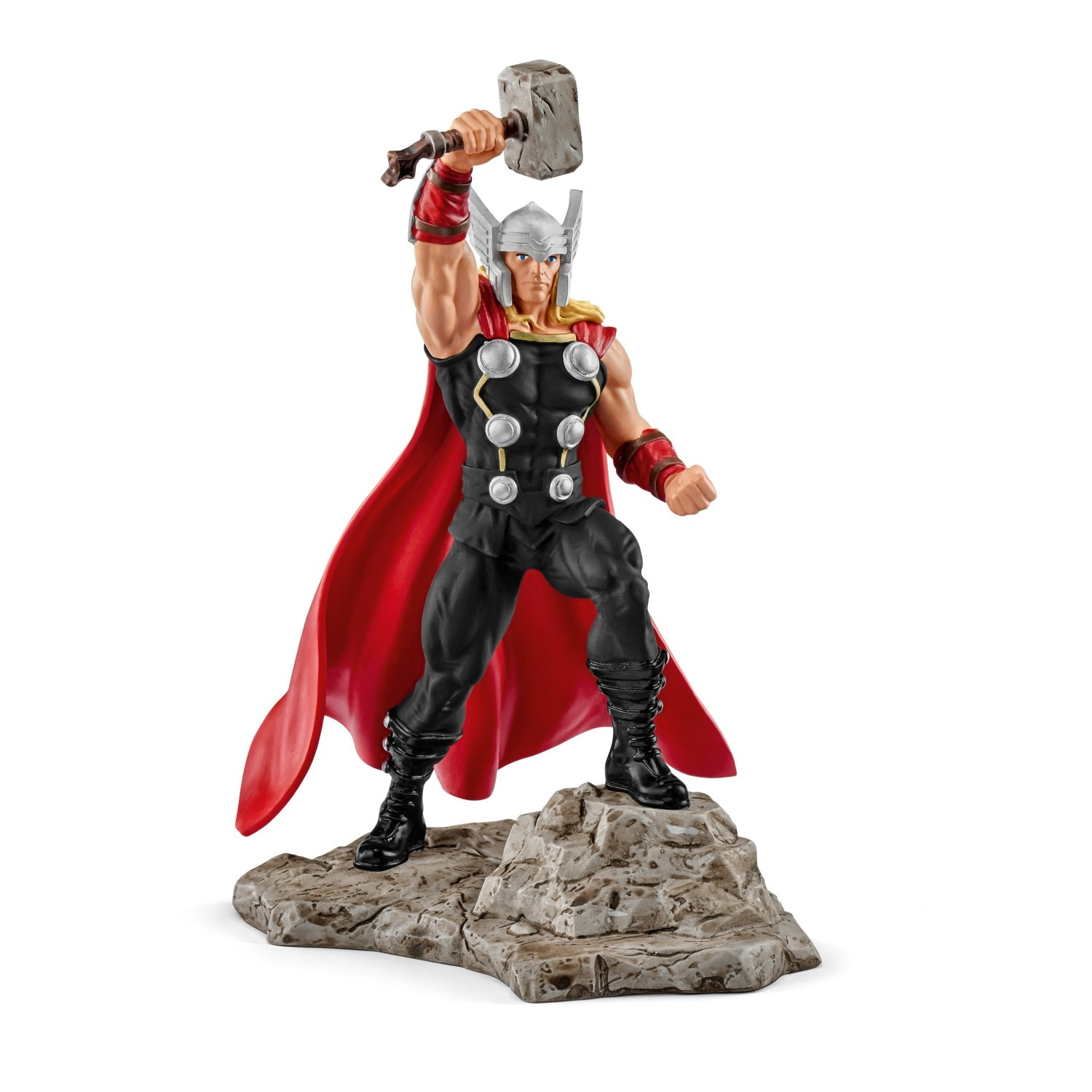 Thor, mit erhobenem Hammer, steht auf einem Felsen. Er trägt einen roten Umhang und einen Helm. Weißer Hintergrund.