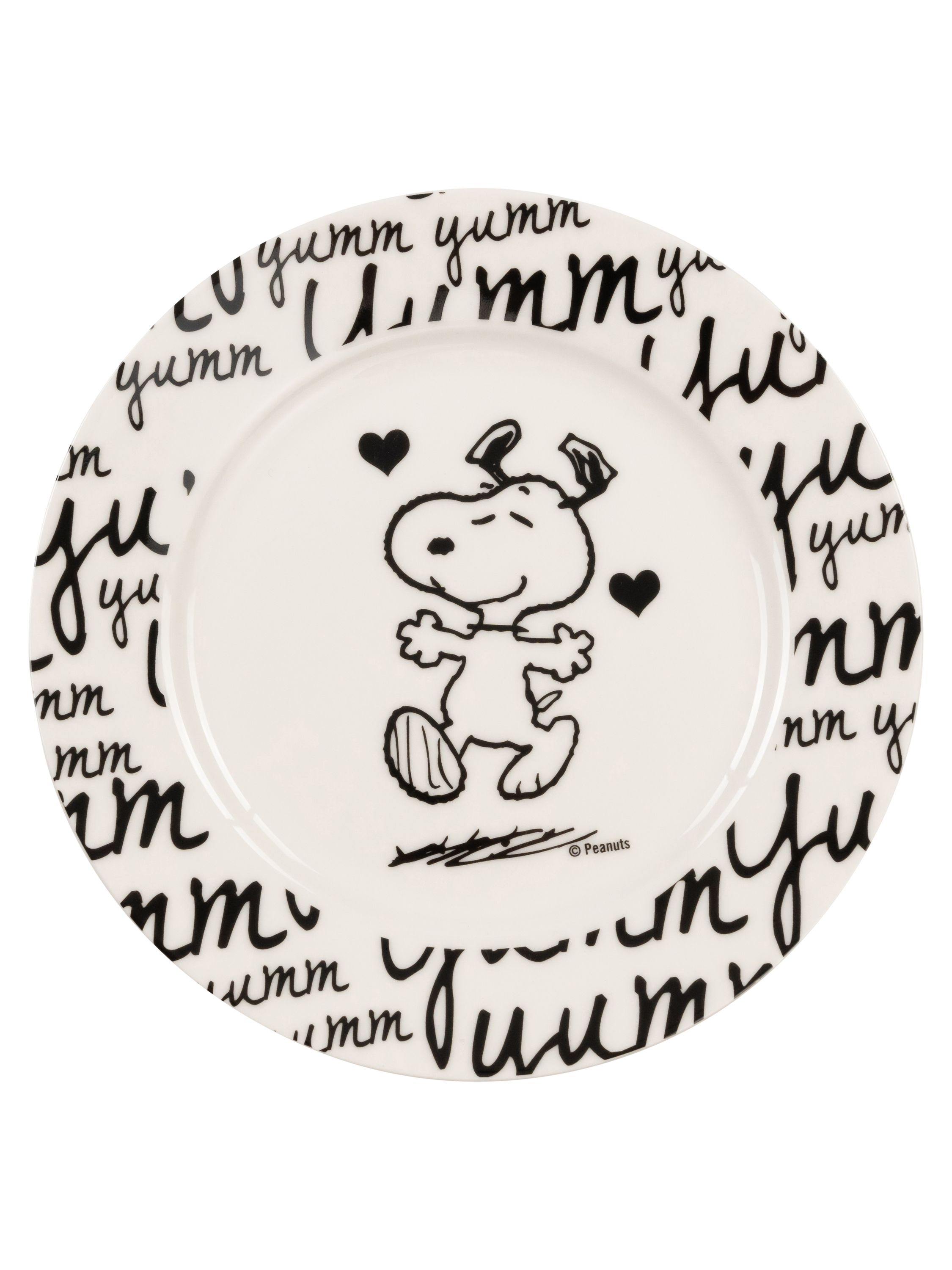 Weißer Teller mit Snoopy-Figur in der Mitte. Schwarzer Text um den Teller herum.