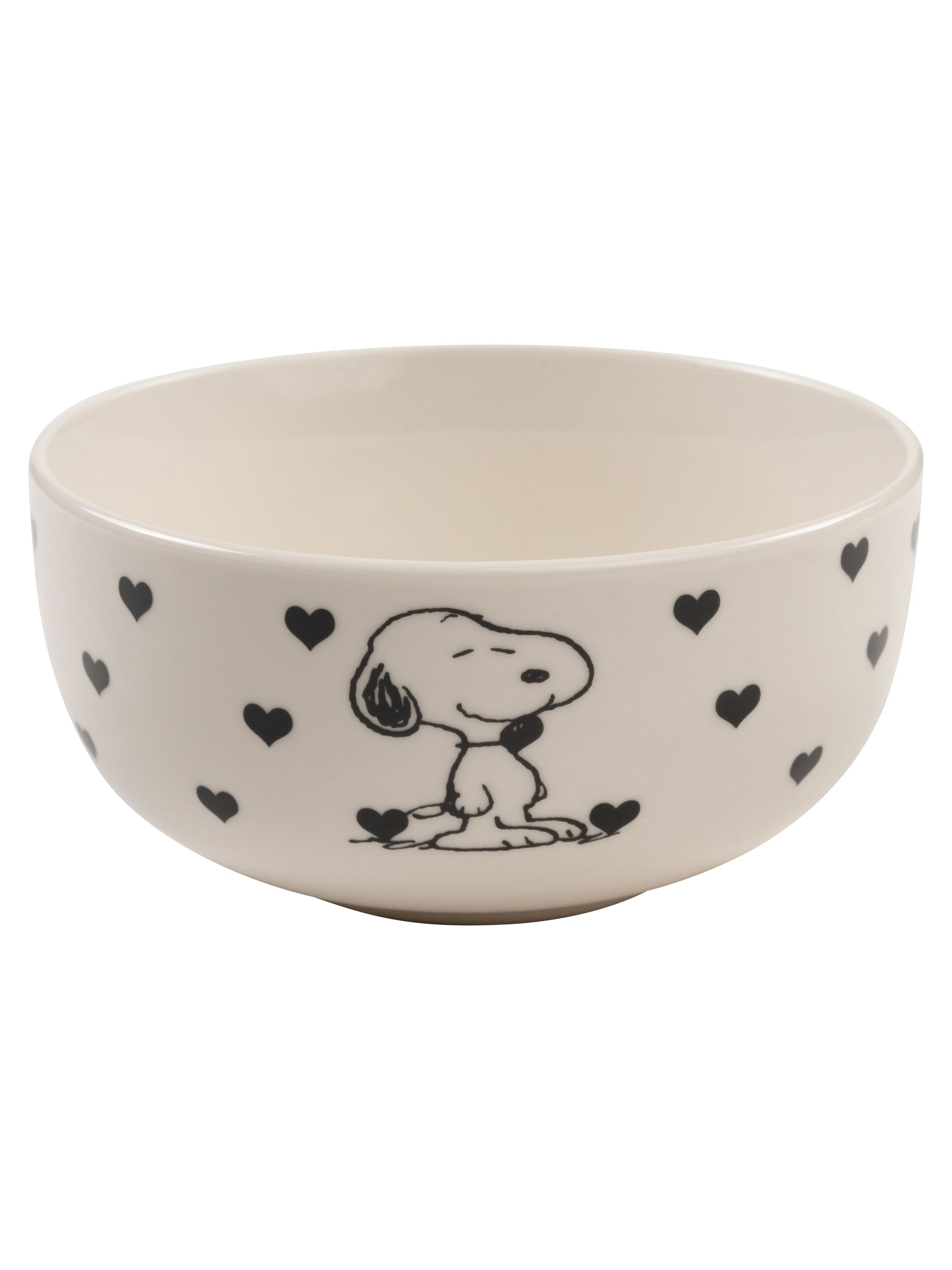 Eine weiße Schüssel mit schwarzem Snoopy-Bild und Herzen. Die Schüssel befindet sich auf weißem Hintergrund.