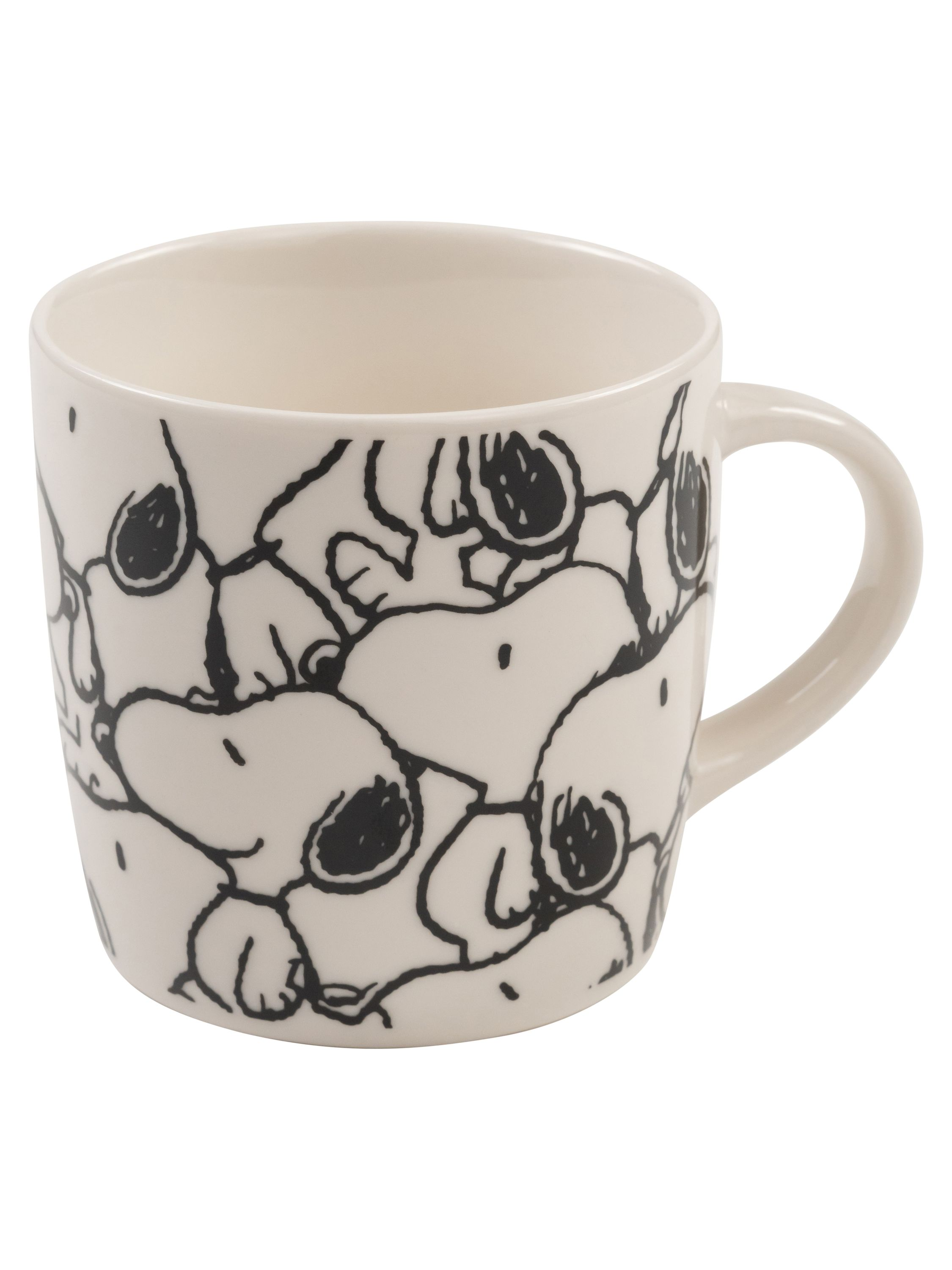 Weißer Becher mit schwarzen Snoopy-Cartoon-Zeichnungen. Er hat einen Henkel.