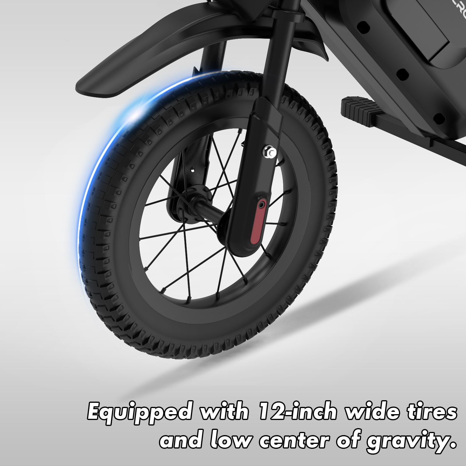 Zbliżenie czarnej opony roweru elektrycznego z niebieską poświatą.