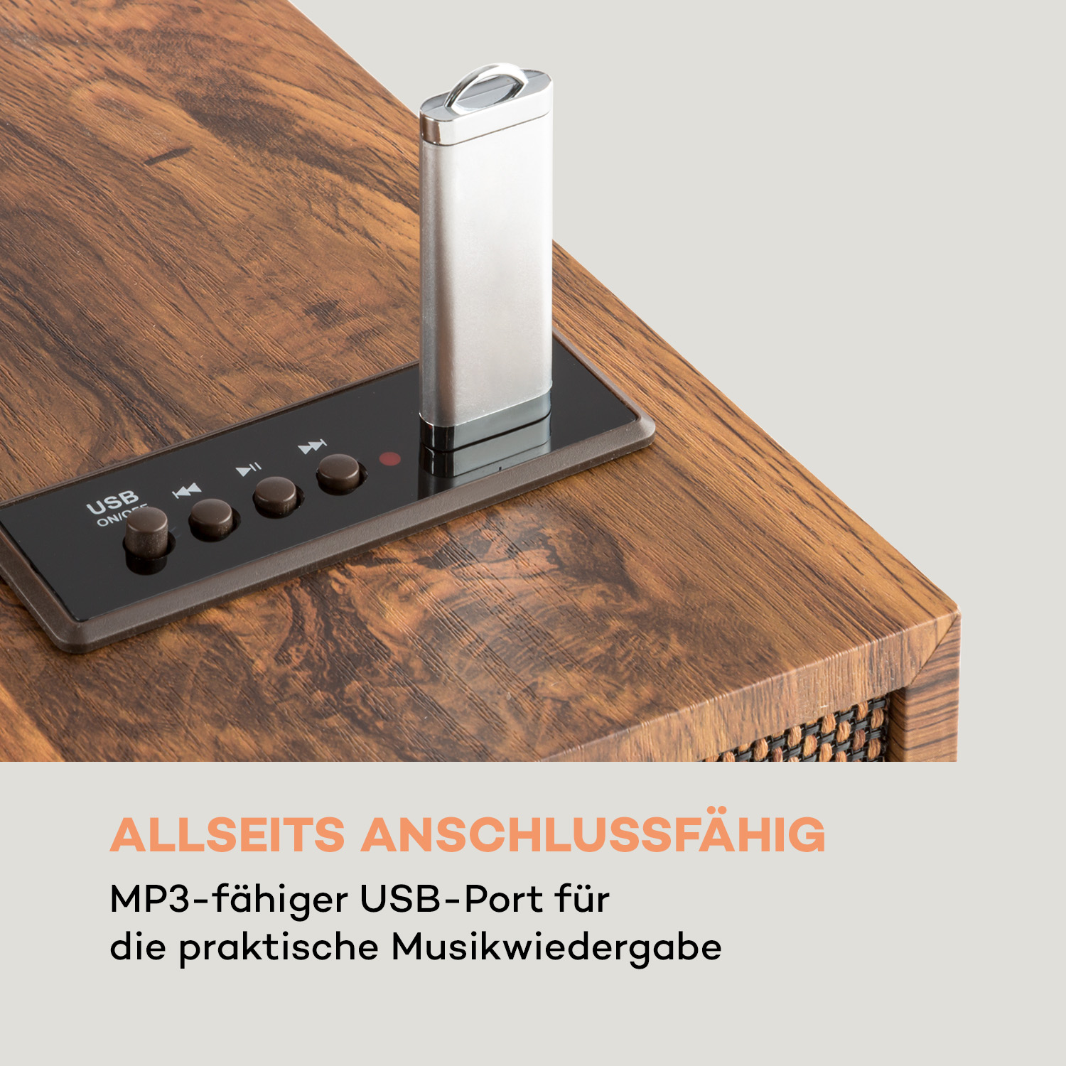 Plattenspieler aus Holz mit USB-Anschluss und Knöpfen. Ein silberner USB-Stick ist eingesteckt.