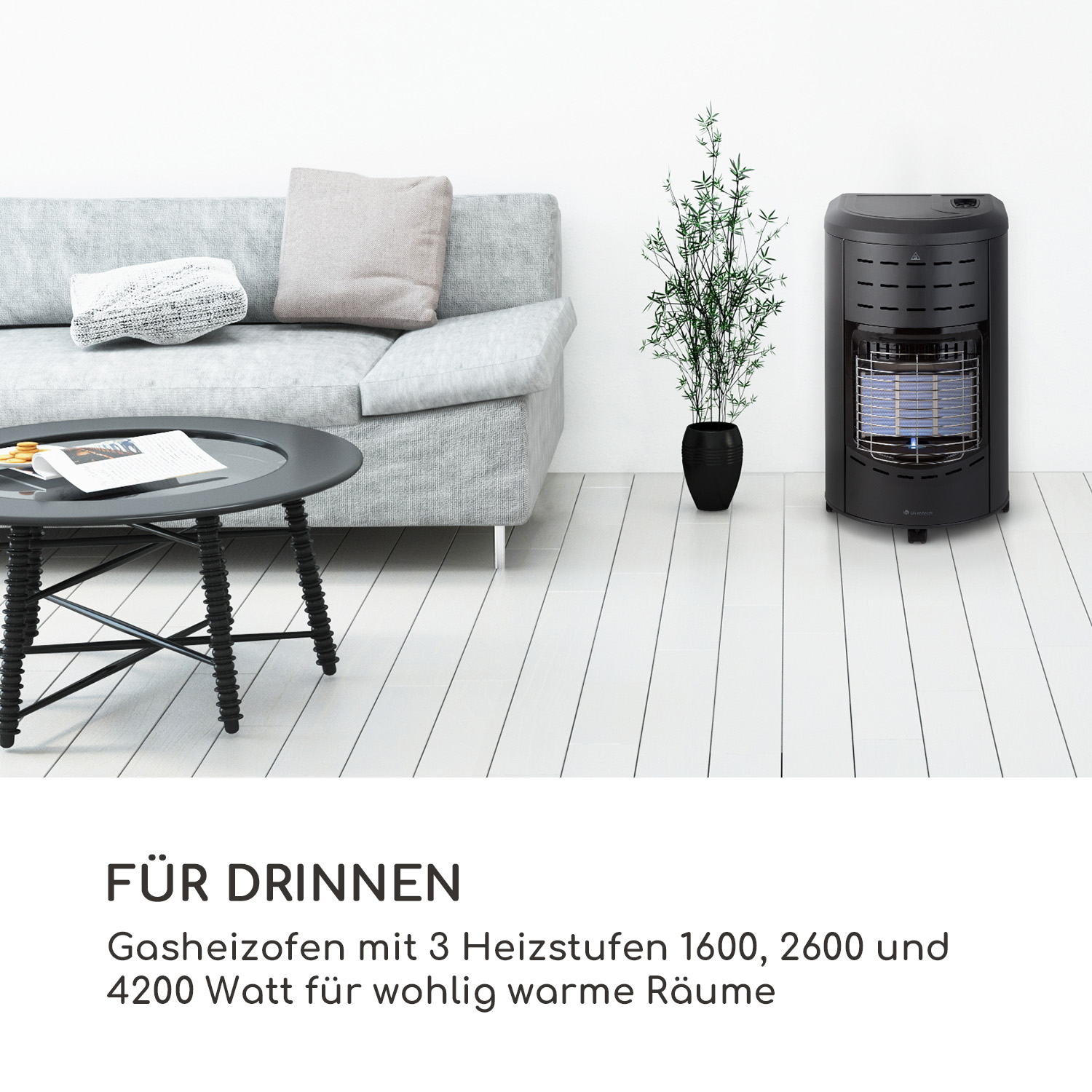 Schwarzer Gasheizer, der blaues Licht emittiert. Der Heizer hat einen Grill und Räder. Text: Für den Innenbereich.