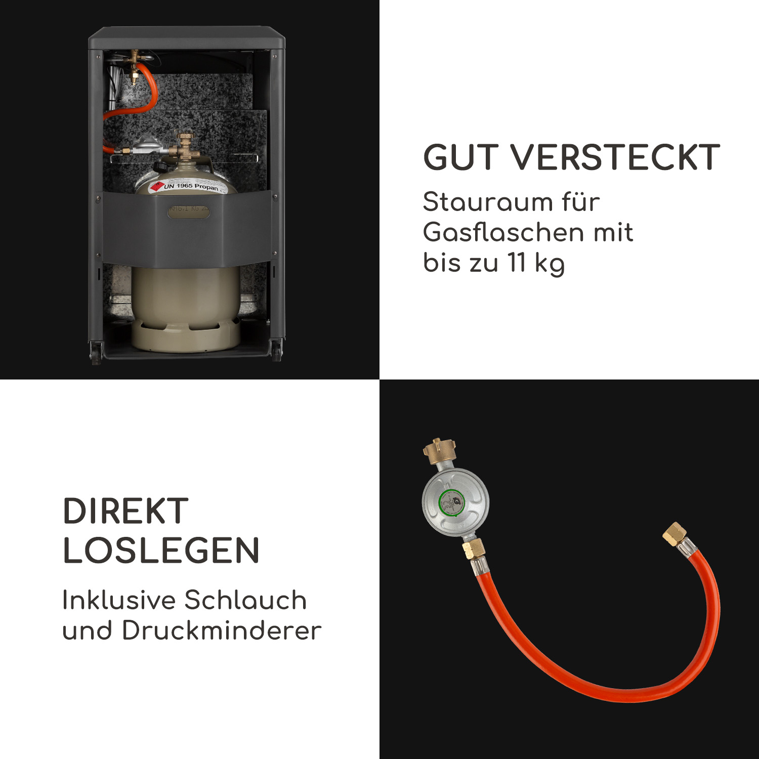 Gasflasche, Regler und Gasaufbewahrung, mit Text: gut versteckt.