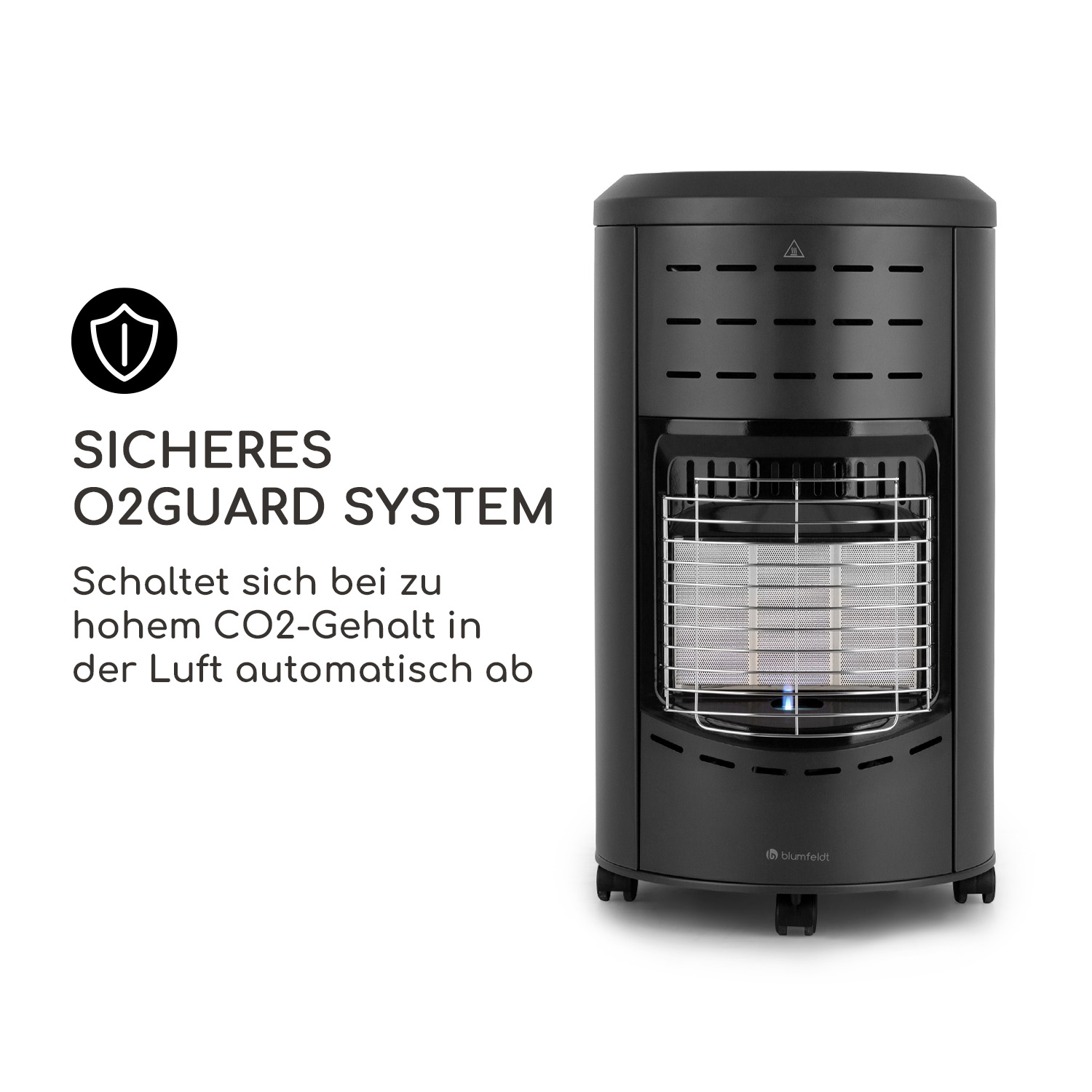 Schwarzer Gasheizer mit Metallgitter. Text: SICHERES O2GUARD SYSTEM. Schaltet sich bei zu hohem CO2-Gehalt automatisch ab.