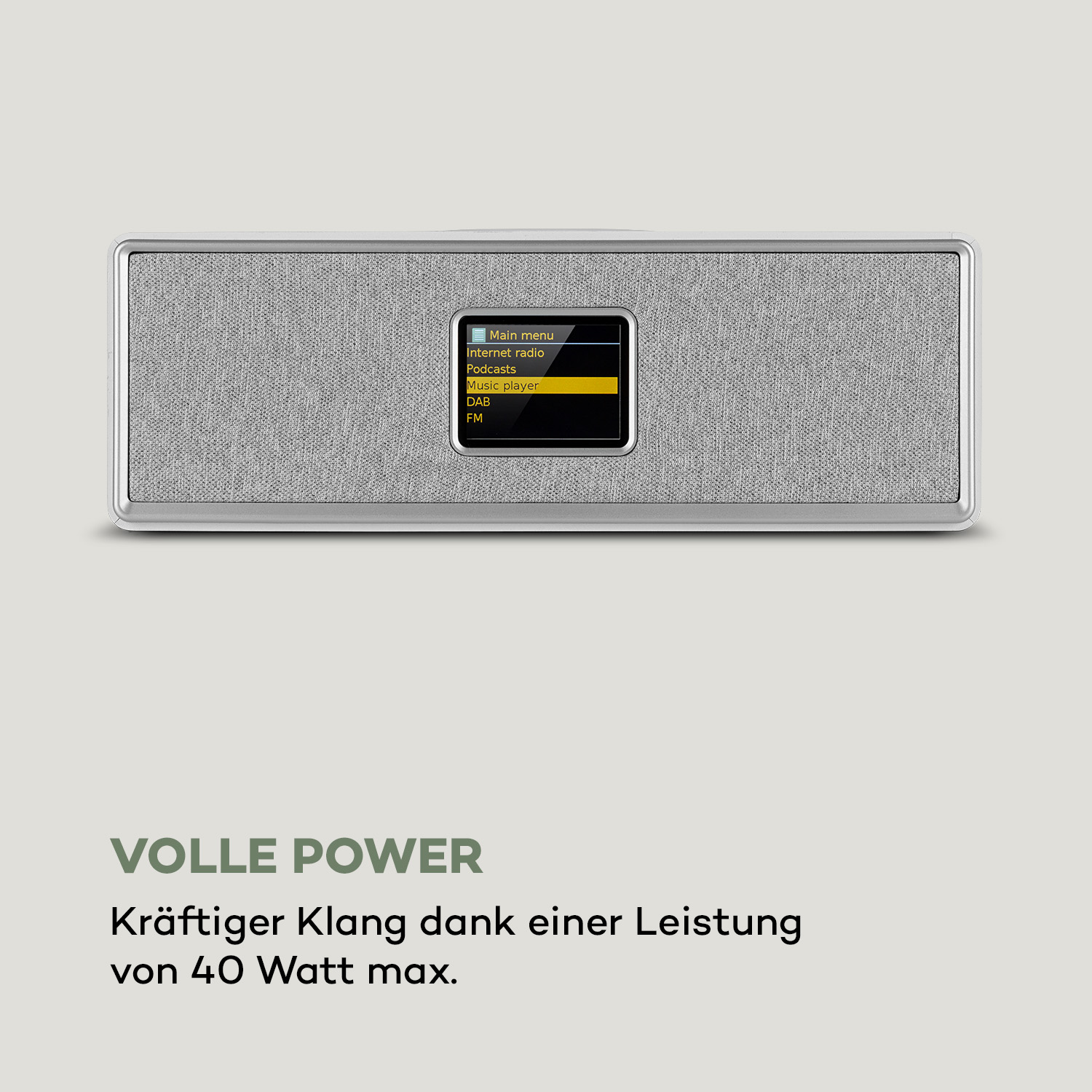 Graues Radio mit Bildschirm, der das Menü zeigt. Der Text unten lautet "volle power".