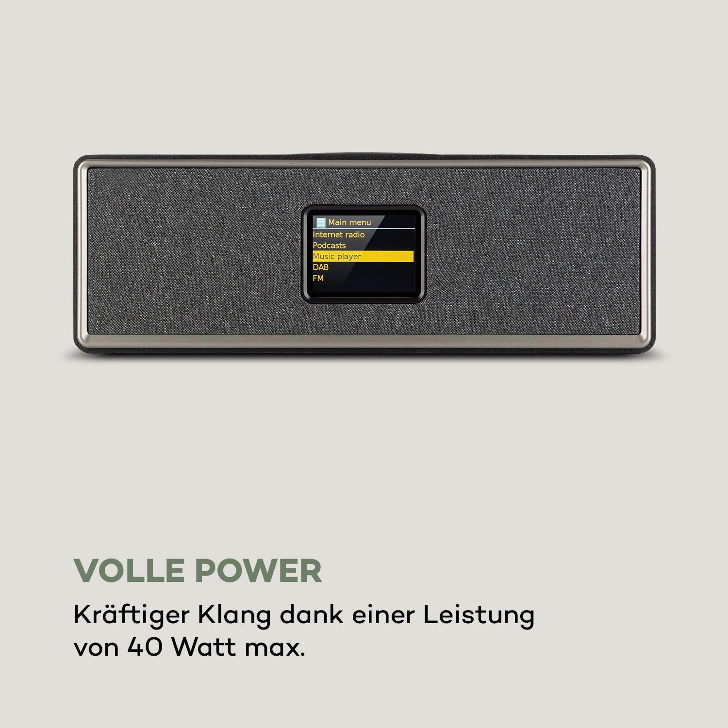 Schwarz-graues Radio mit Display. Text: Volle Leistung.