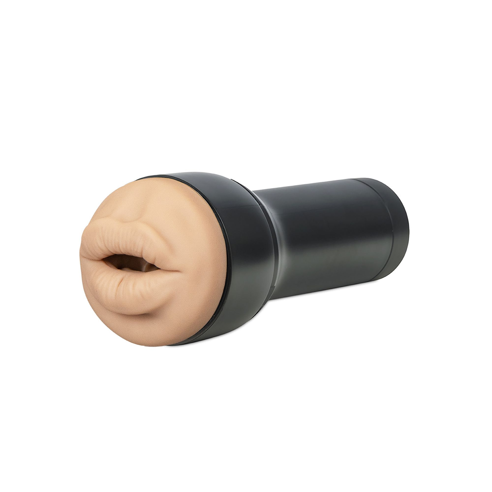 Ein zylindrisches Sexspielzeug mit einer beigen Öffnung, die Lippen ähnelt, und einem schwarzen Rohr, das sich davon erstreckt, alles auf weißem Hintergrund.