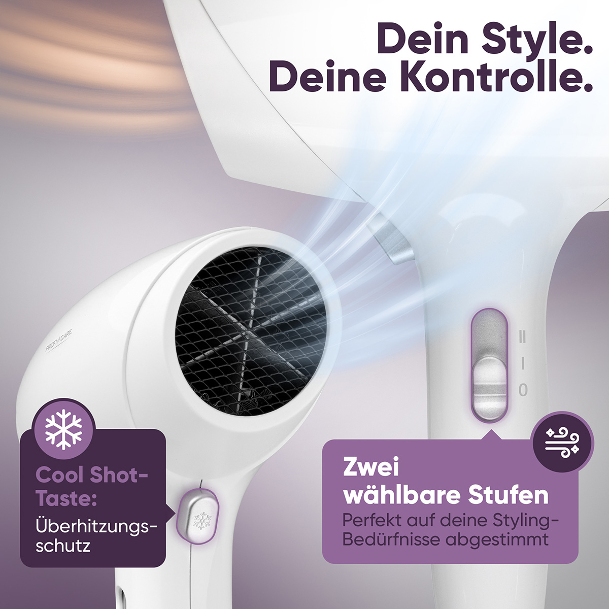 Zbliżenie białej suszarki do włosów z dwiema opcjami: zimnym nawiewem i dwiema prędkościami. Tekst: Dein Style. Deine Kontrolle.