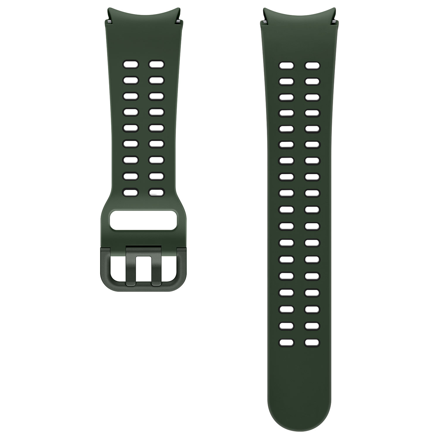 Due cinturini per orologio verde scuro. Ognuno ha più fori e una parte superiore curva. Uno ha una fibbia.