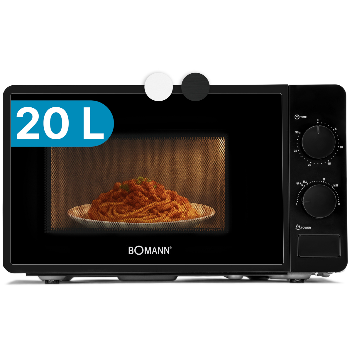 Czarna kuchenka mikrofalowa z jedzeniem w środku, na białym tle.