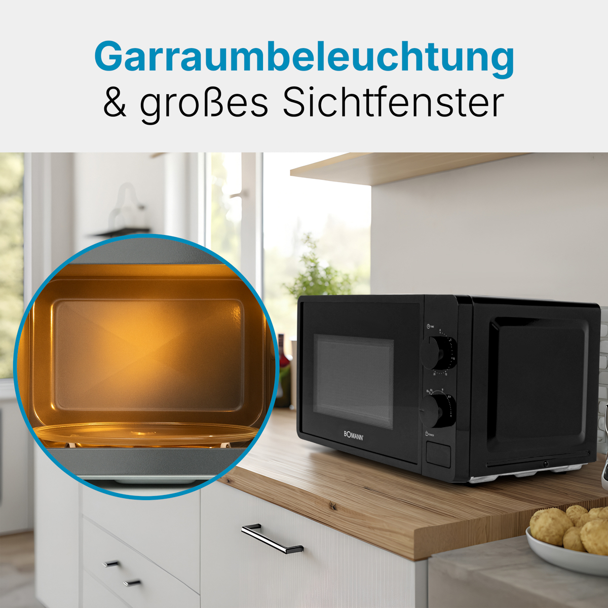 Mikrofalówka na blacie, wnętrze oświetlone, a po prawej czarna kuchenka mikrofalowa. Tekst: Duże okno widokowe.