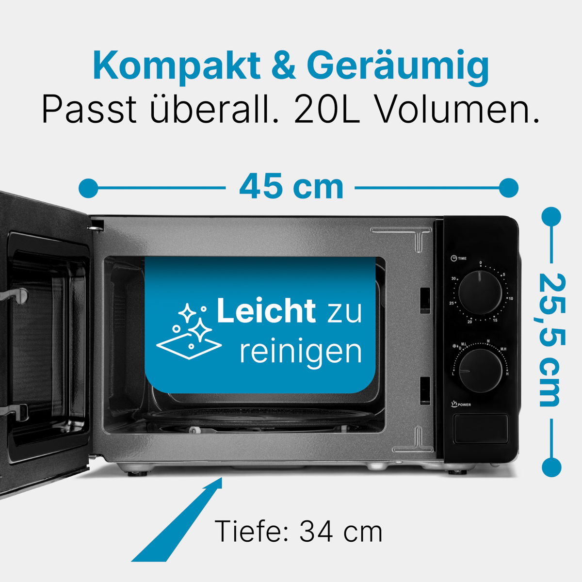 Mikrofala otwarta, wymiary: 45cm szerokości, 25,5cm wysokości, 34cm głębokości. Tekst: Łatwe czyszczenie, 20L.