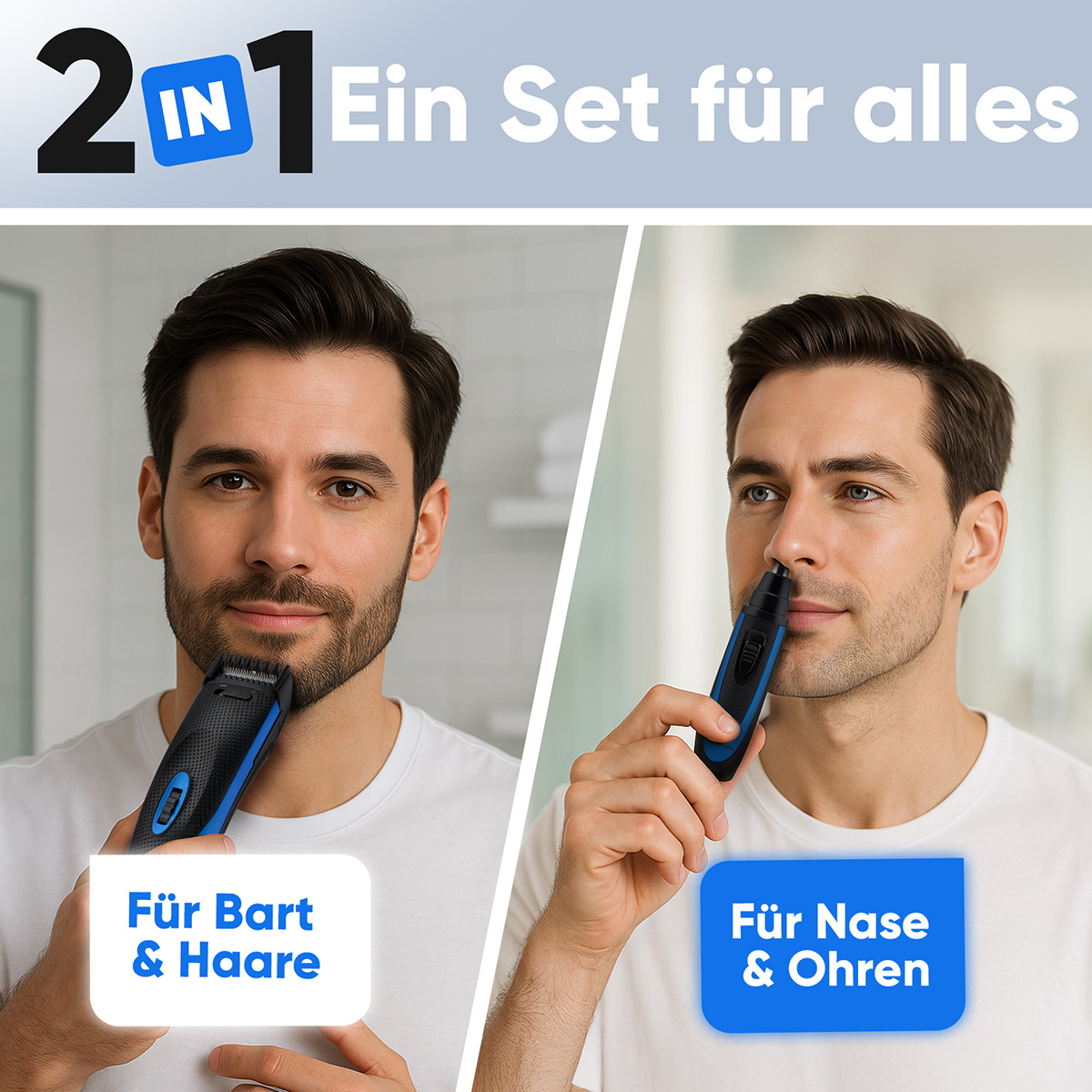 Mężczyźni używają trymera do brody i włosów w nosie. Teksty: Do brody i włosów. Do nosa i uszu. Zestaw 2 w 1.