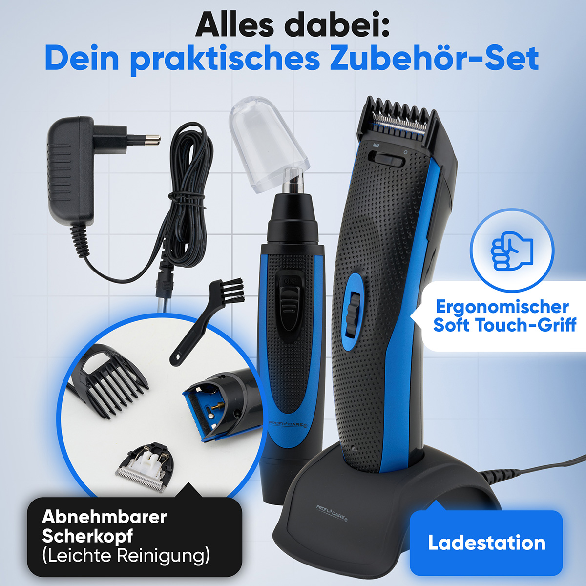 Obrazek przedstawia zestaw do pielęgnacji z akcesoriami: trymer, ładowarka, szczotka i trymer do włosów w nosie. Zawiera etykiety w języku niemieckim.