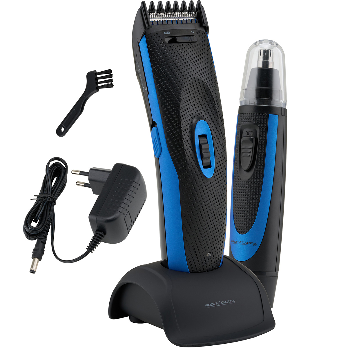 Zestaw narzędzi do pielęgnacji, w tym trymer, trymer do włosów w nosie, ładowarka, szczotka i stojak do ładowania. Czarne i niebieskie akcenty.