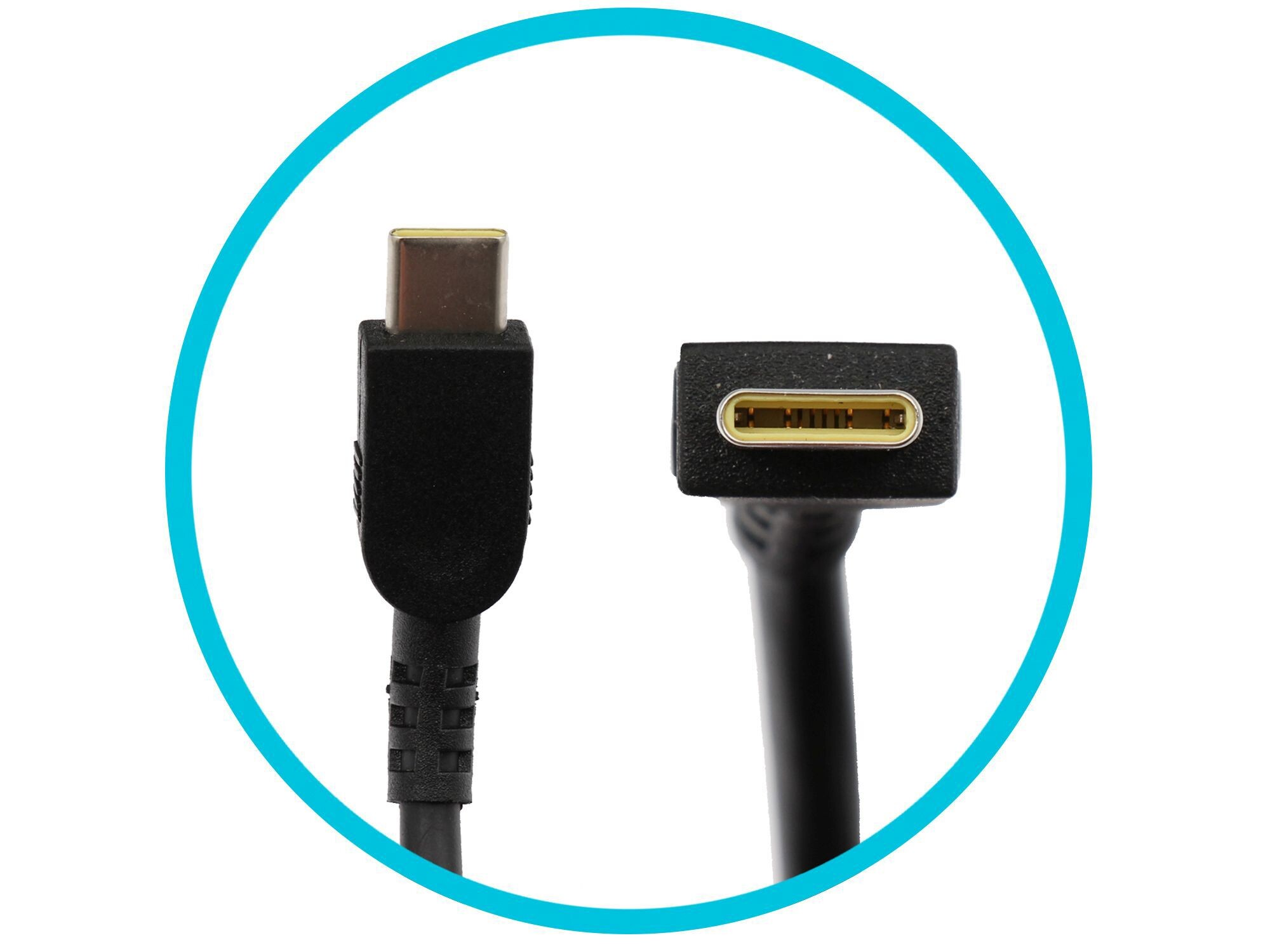 Zwei schwarze USB-C-Kabel, eines gerade und eines abgewinkelt, isoliert auf Weiß, in blauem Kreis.