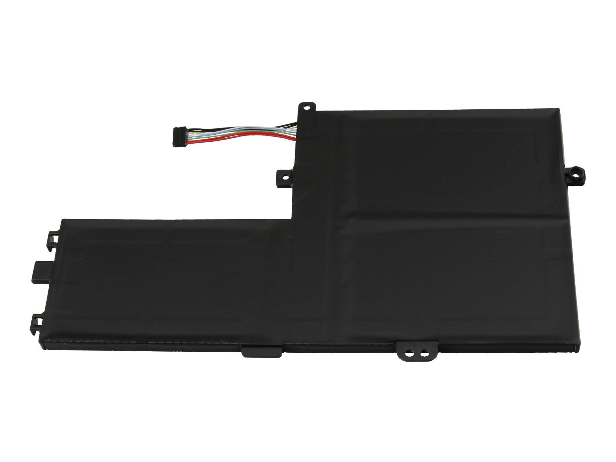 Schwarzer Laptop-Akku mit Stecker und Kabeln. Rechteckige Form mit Aussparung, weißer Hintergrund.