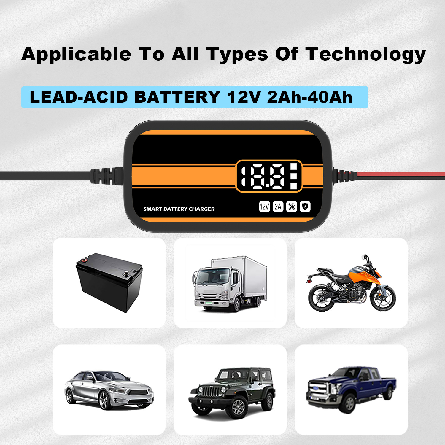 Smart-Batterieladegerät mit schwarzem und orangefarbenem Design. Anzeige zeigt 18,8. Bilder verschiedener Fahrzeuge unten.