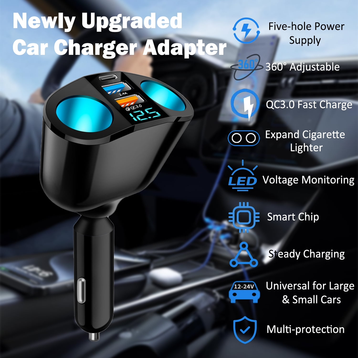 Schwarzer Autoladeadapter mit blauem Leuchtdisplay. Funktionen umfassen Schnellladen, LED-Spannungsüberwachung.
