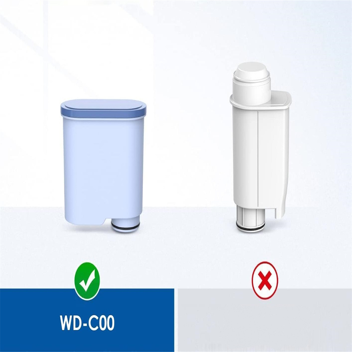 Zwei Wasserfilter, einer zugelassen (WD-C00), einer abgelehnt. Blauer und weißer Hintergrund, Text unten.