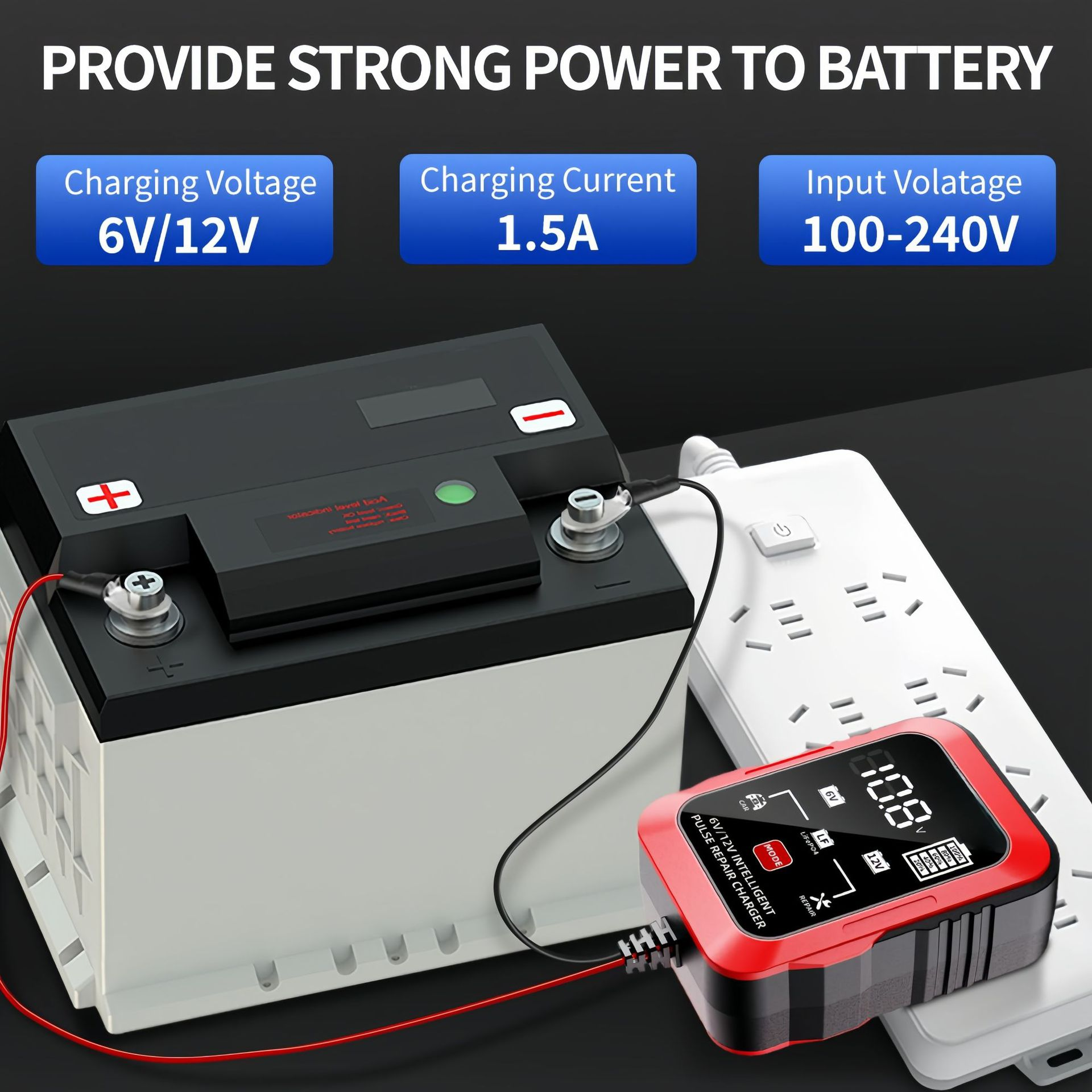 Batterieladegerät an einer Autobatterie angeschlossen. Text: Bietet starke Leistung für die Batterie. Zeigt 10,8 V an.
