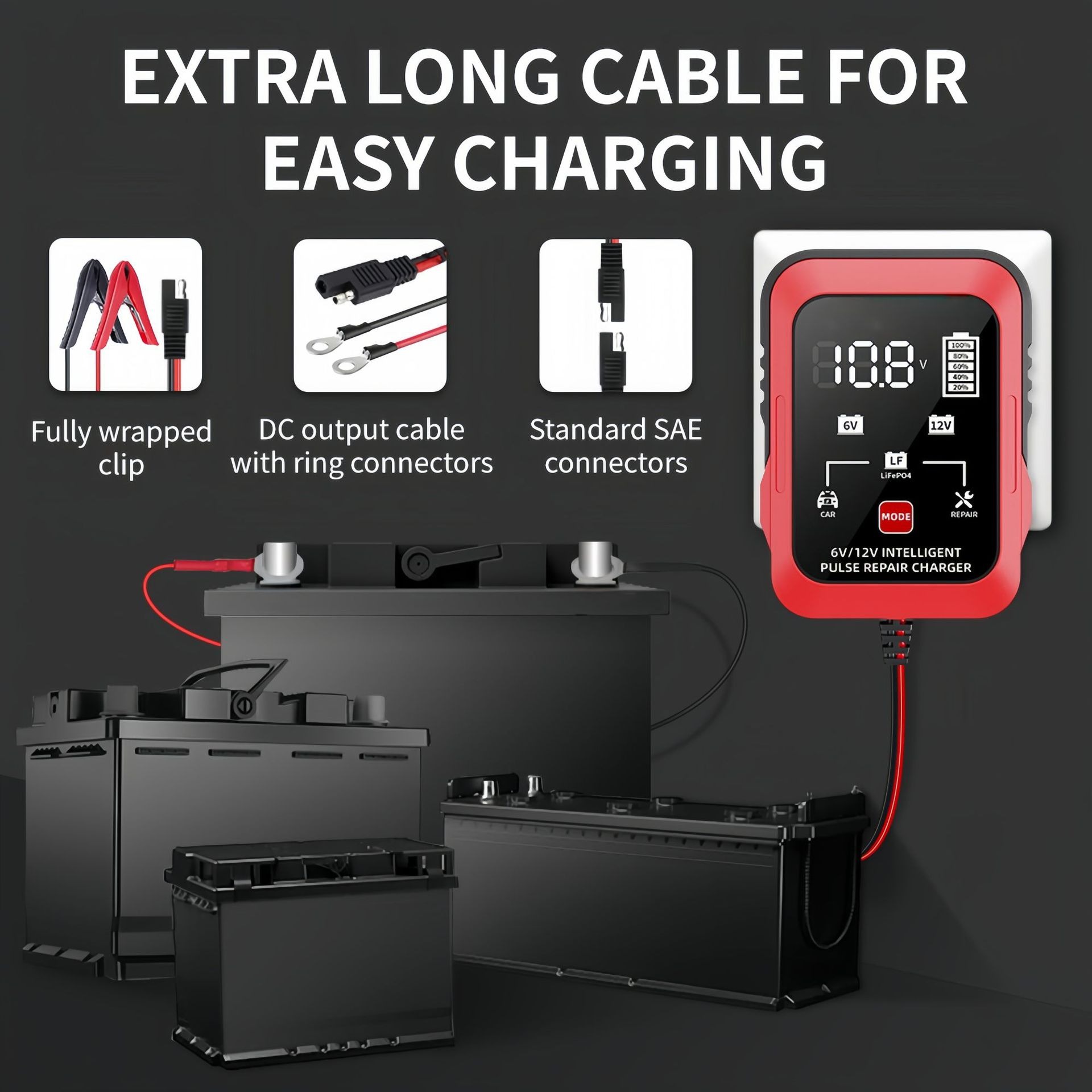 Batterieladegerät mit Kabeln und Batterien. Anzeige zeigt Spannung, rote und schwarze Klemmen.