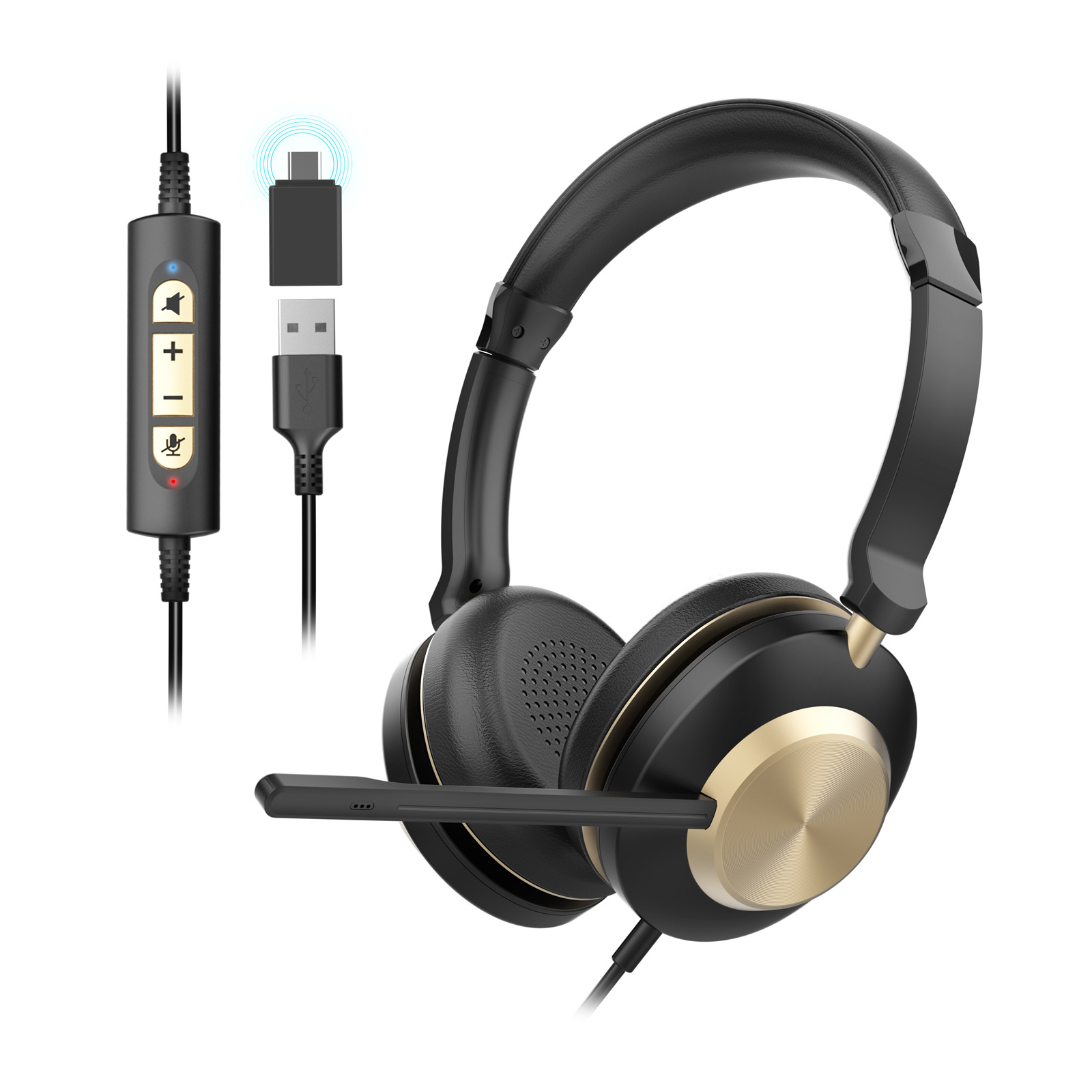 Schwarzes und goldenes Headset mit Mikrofon, Lautstärkereglern und USB-Anschluss.