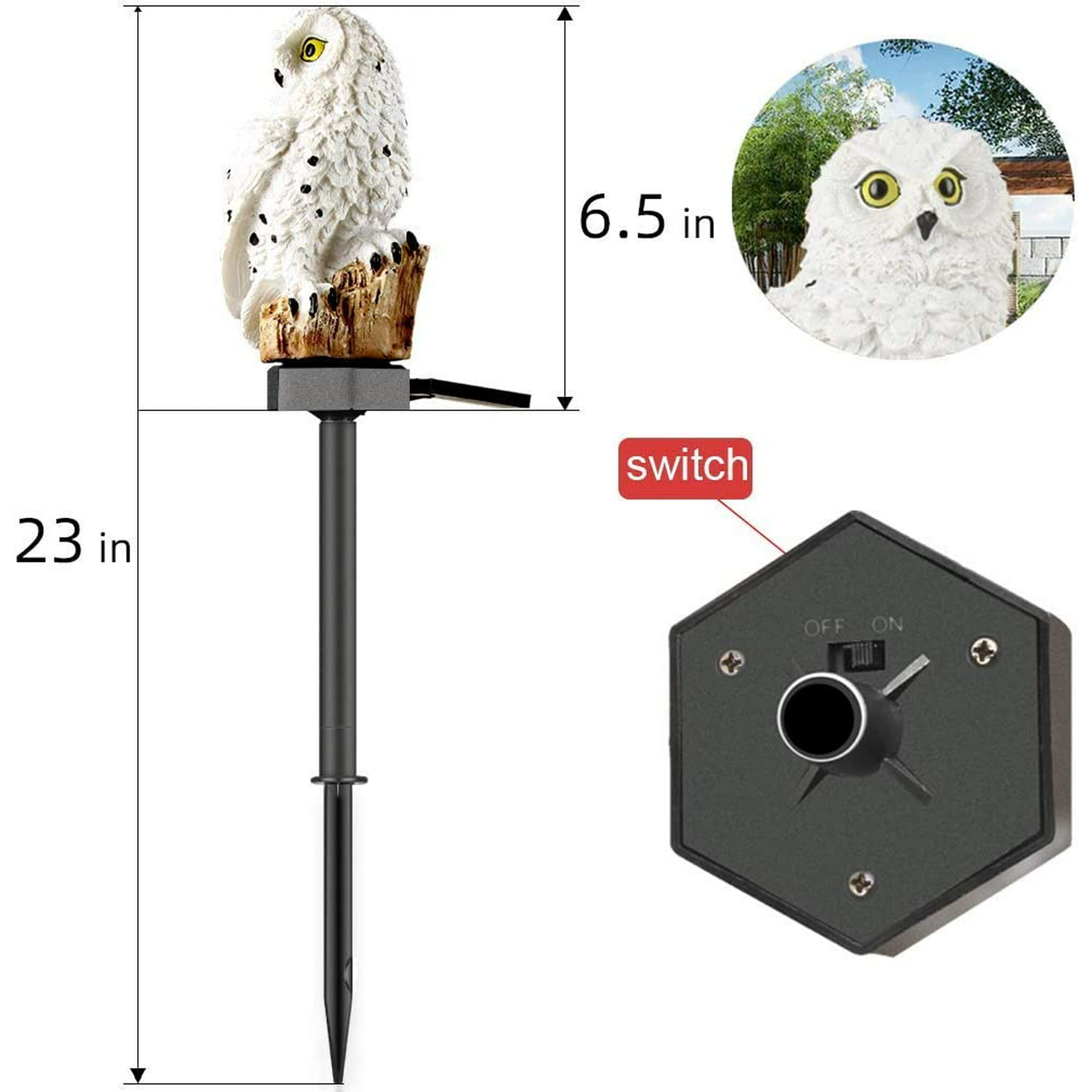 Eulenförmige Gartenleuchte mit Abmessungen, Schalter und Nahaufnahme des Eulengesichts.