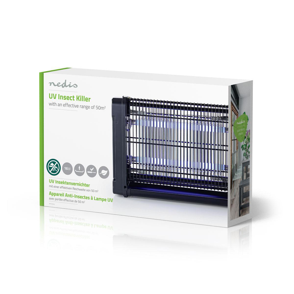 UV-Insektenvernichter auf einer Box. Schwarzes Gitterdesign, weiße Box mit blauem Licht, Produktinformationen sichtbar.