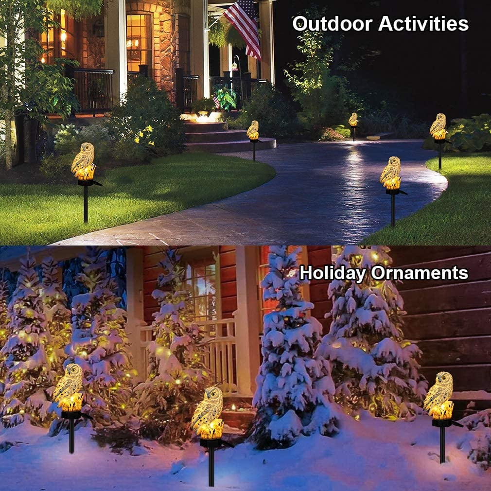Eulen-Gartenleuchten in Outdoor- und Urlaubsszenen. Nachtzeit, Schnee und Zuhause.
