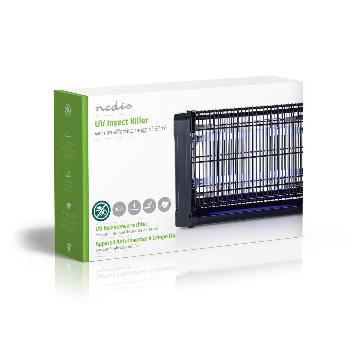 UV-Insektenvernichter auf einer Box. Schwarzes Gitterdesign, weiße Box mit grüner Seite, Produktinformationen.