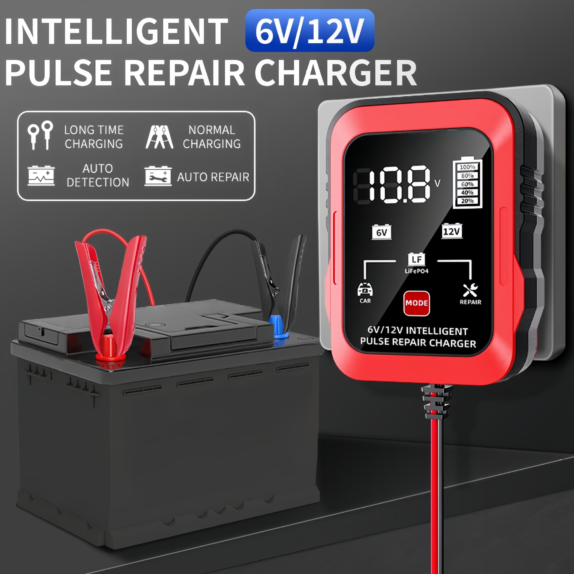 Rotes und schwarzes Batterieladegerät mit Digitalanzeige, verbunden mit einer Autobatterie mit roten und schwarzen Klemmen.