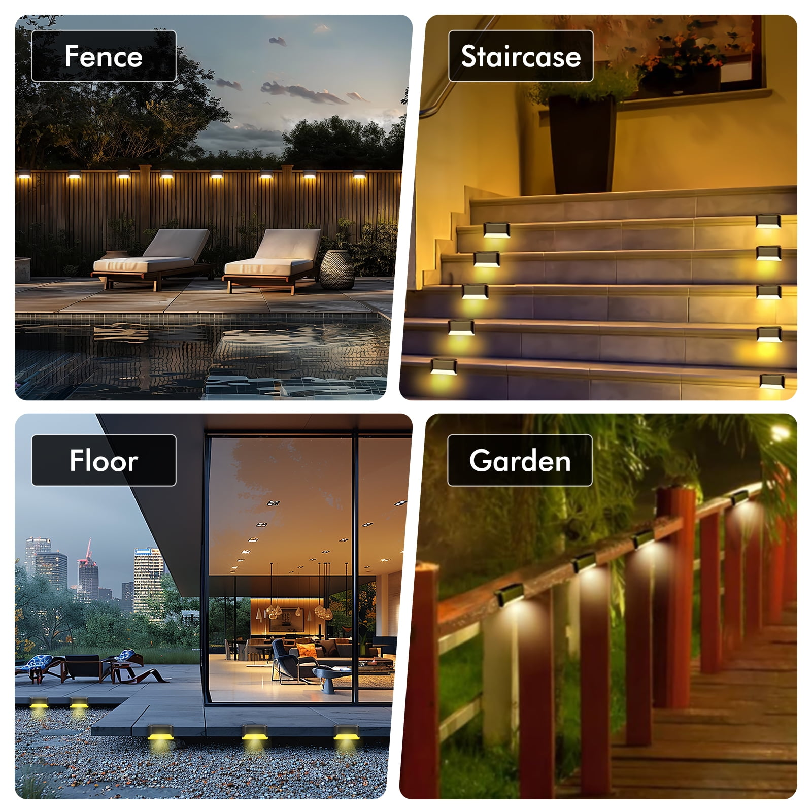 Vier Bilder zeigen Anwendungen für Außenbeleuchtung: Zaun, Treppe, Boden und Garten, alle mit Lichtern.