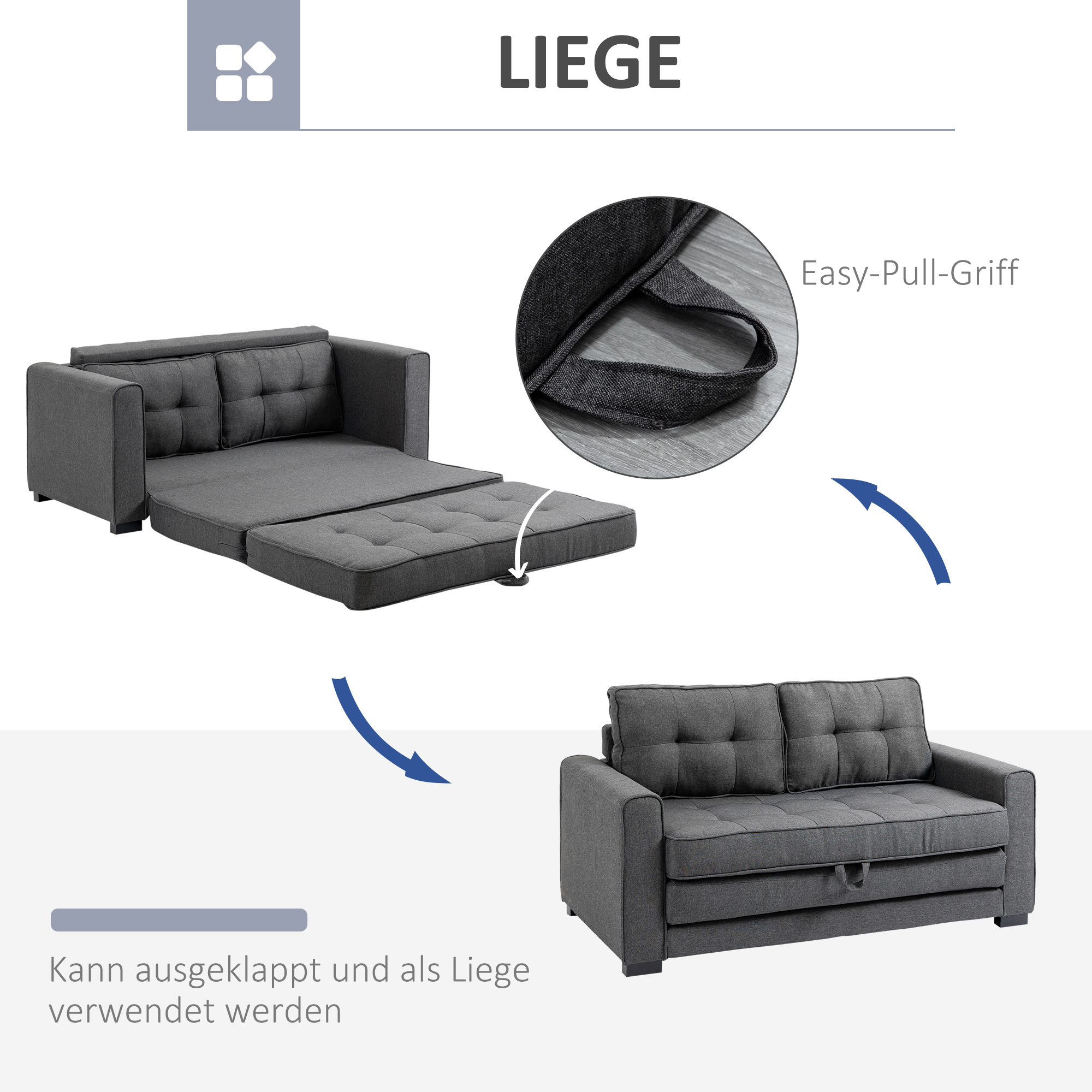 Graues Schlafsofa, das in ein Bett umgewandelt werden kann. Anweisungen zeigen, wie man das Bett auszieht.