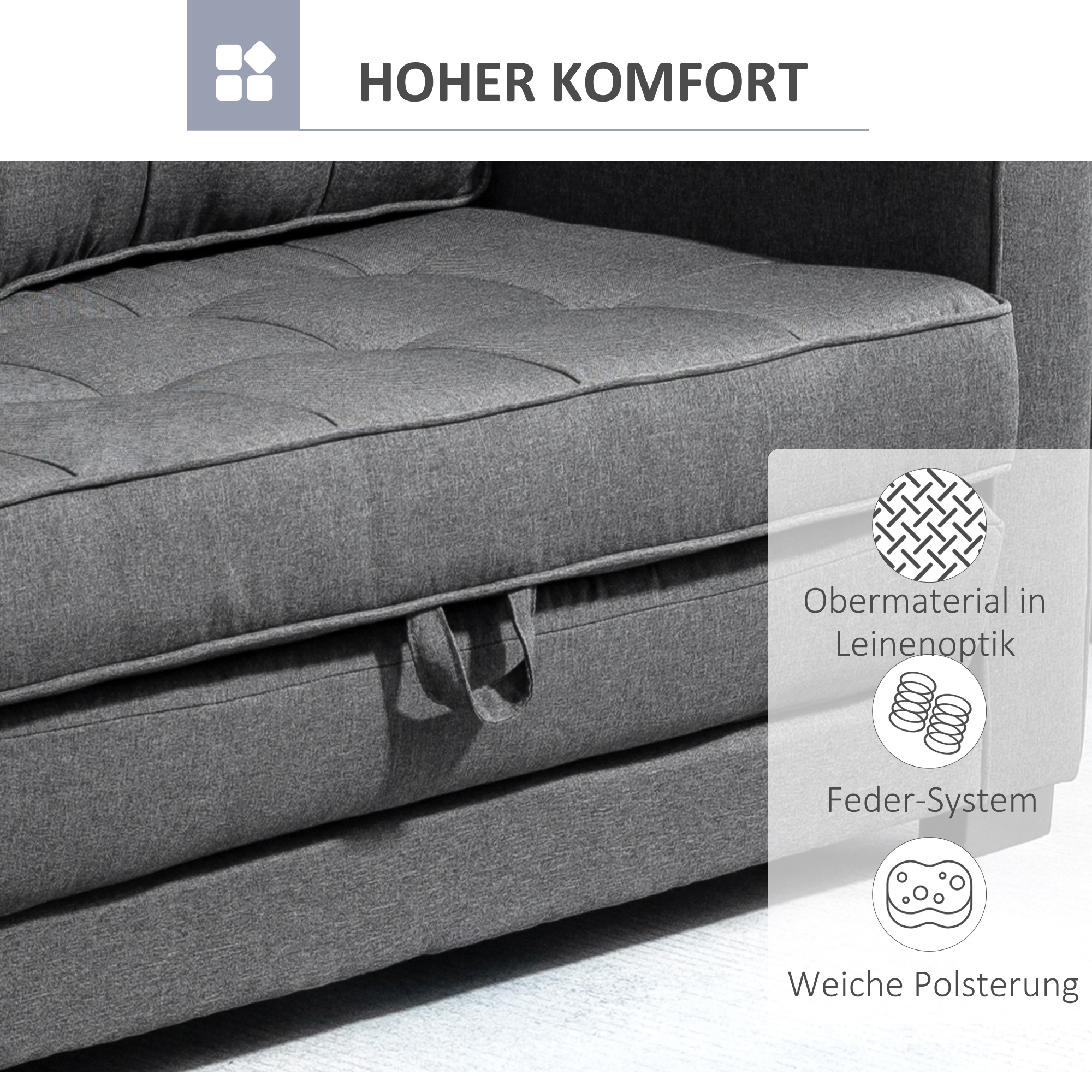 Nahaufnahme eines grauen Sofas, das die Stoffstruktur, das Federsystem und die weiche Polsterung zeigt. Das Sofa hat einen Griff.