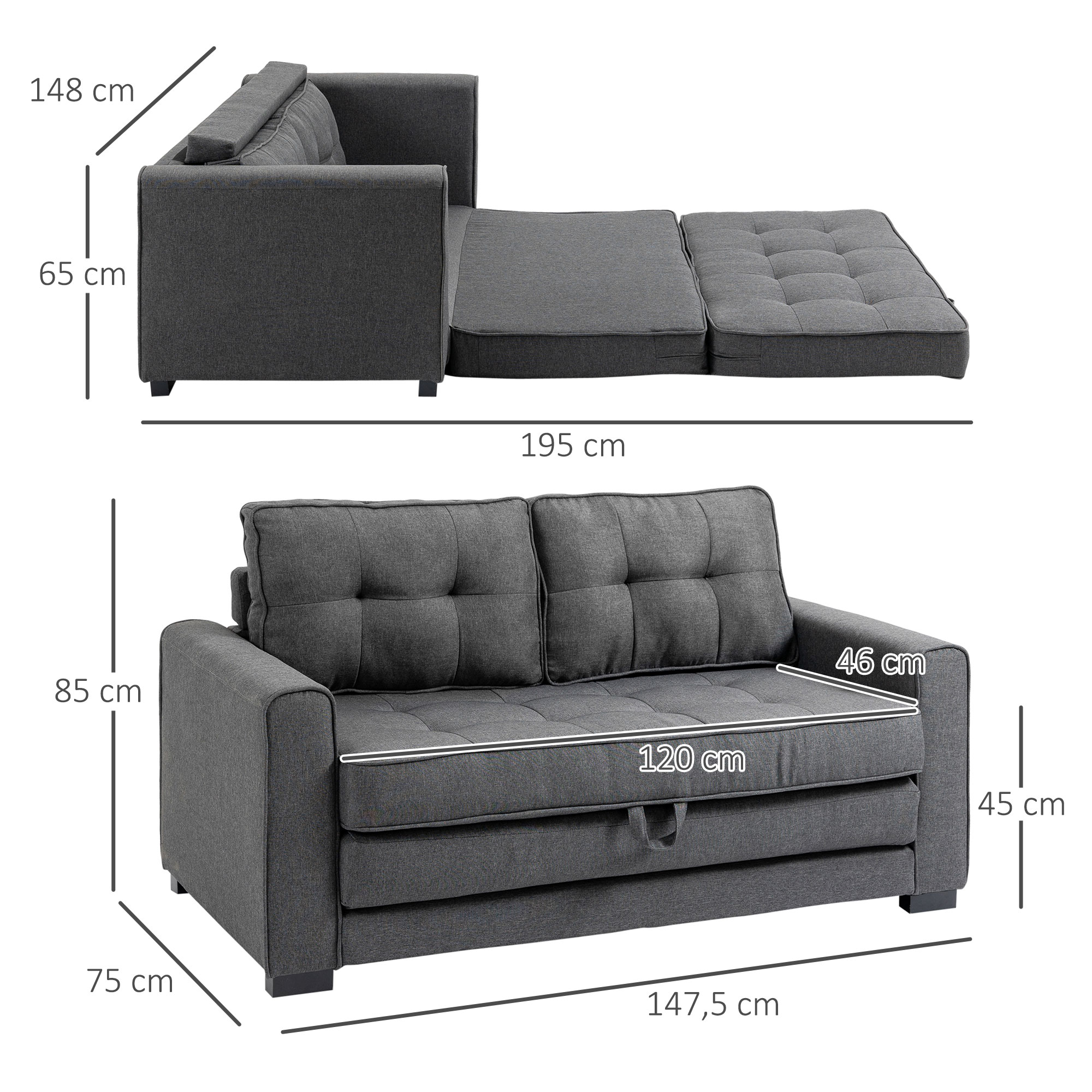 Diagramm eines grauen Schlafsofas. Abmessungen sind in Zentimetern angegeben. Das Sofa ist geöffnet und geschlossen.