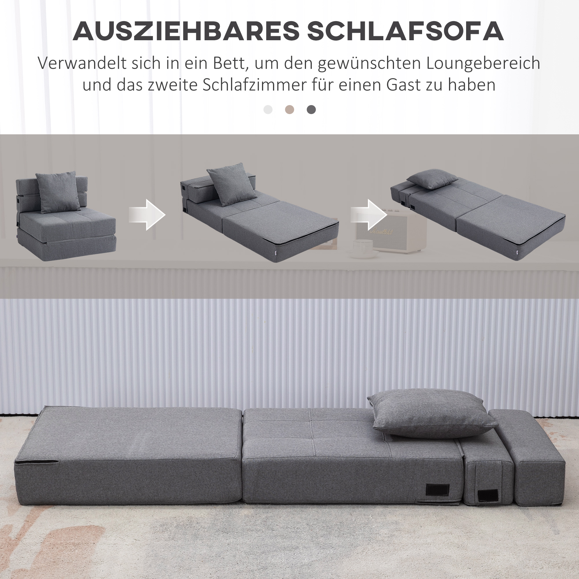 Ein graues Sofa verwandelt sich in ein Bett. Das Bild zeigt das Sofa in verschiedenen Stadien.