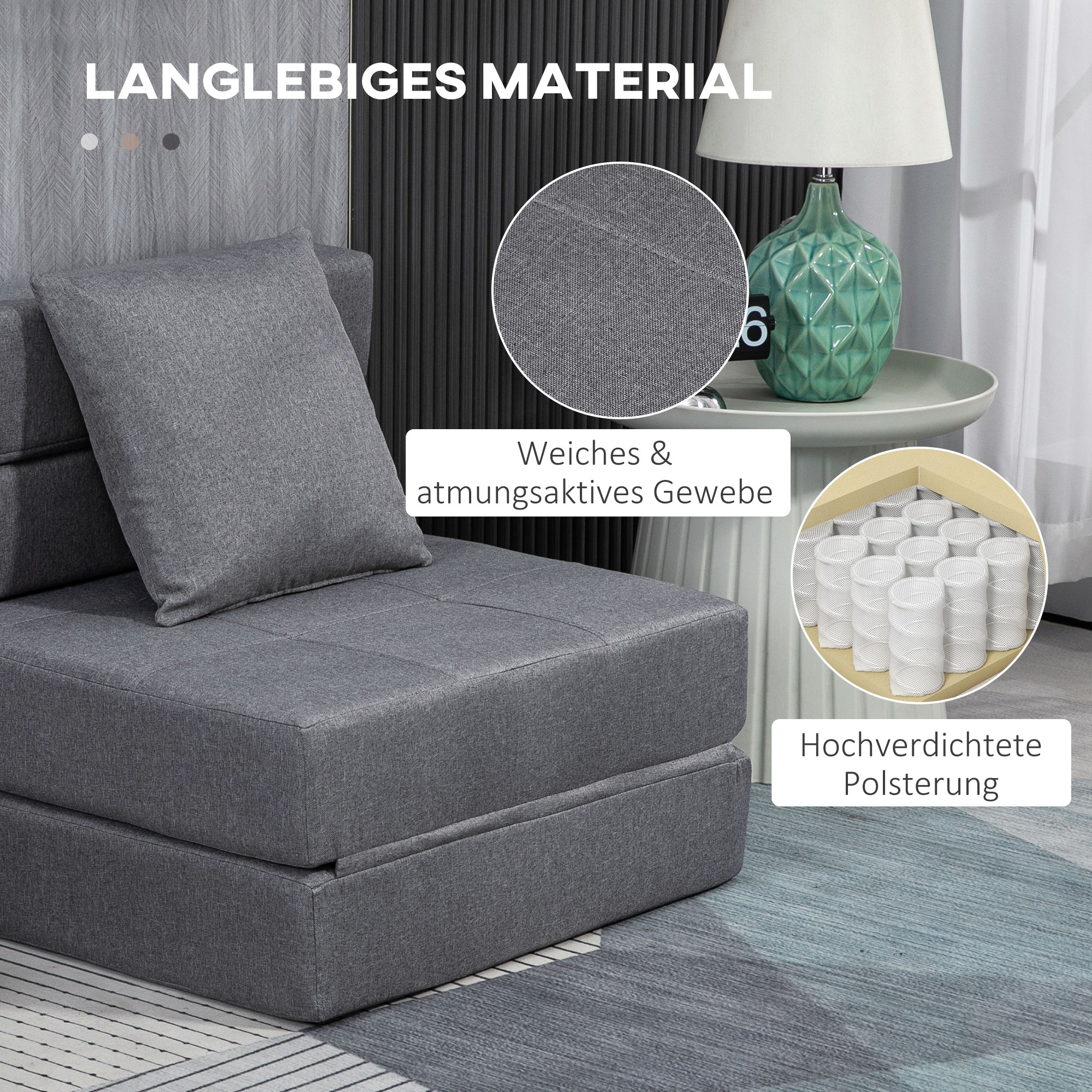 Graues Stoffsofa mit Kissen, Stoffdetails werden in Kreisen hervorgehoben.