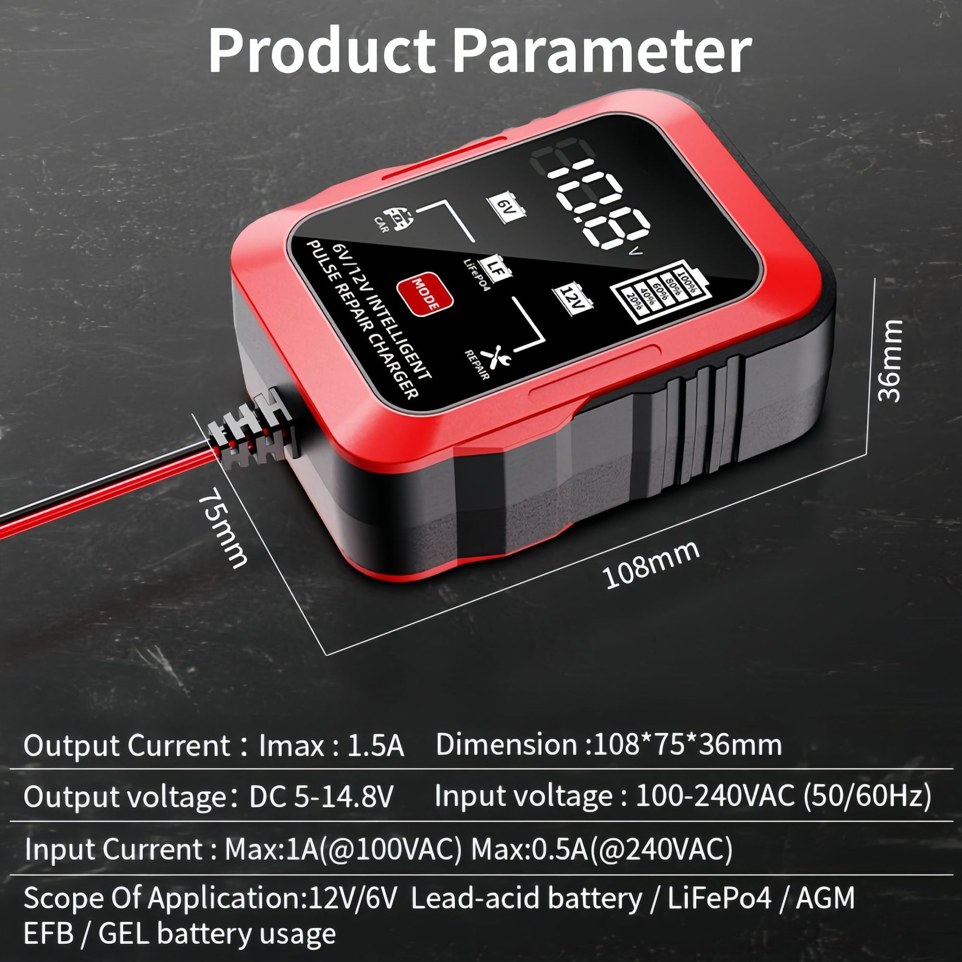 Ein Batterieladegerät, das Produkt hat Abmessungen, Ausgangsstrom und Eingangsspannungsdetails.