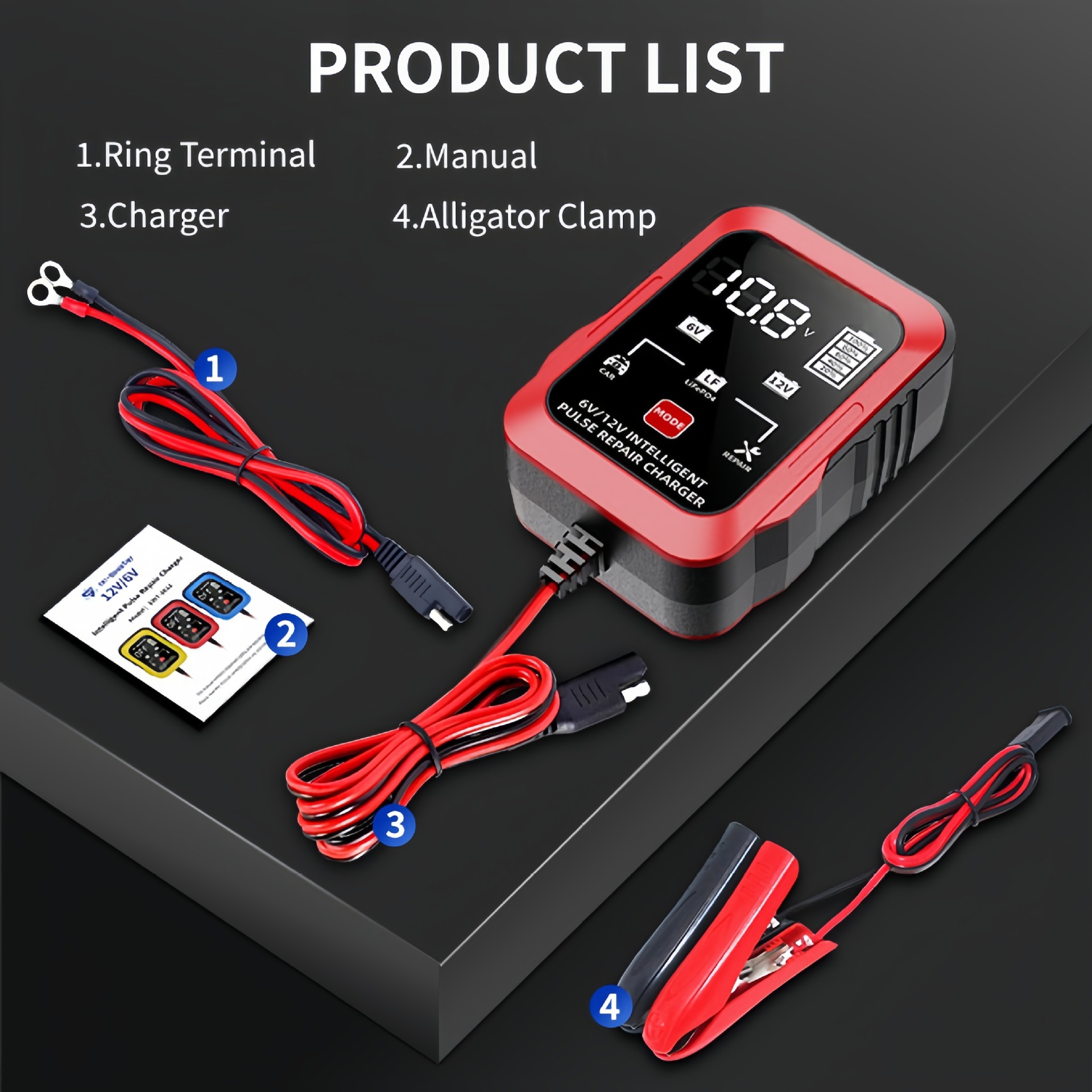 Eine Produktliste eines Batterieladegeräts, einschließlich Ringklemme, Handbuch, Ladegerät und Klemme.