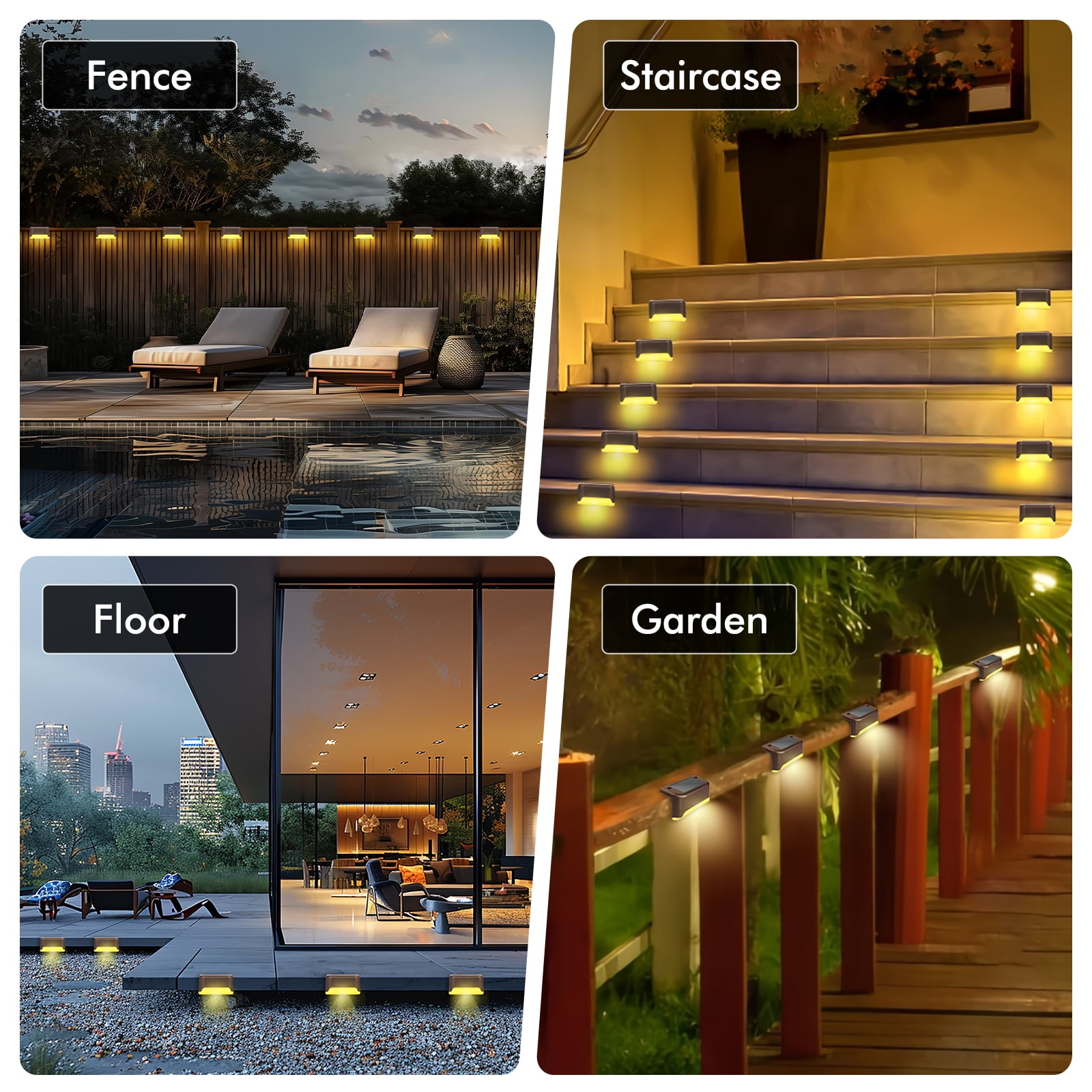 Eine Collage, die verschiedene Anwendungen von Solarleuchten zeigt: Zaun, Treppe, Boden und Garten.