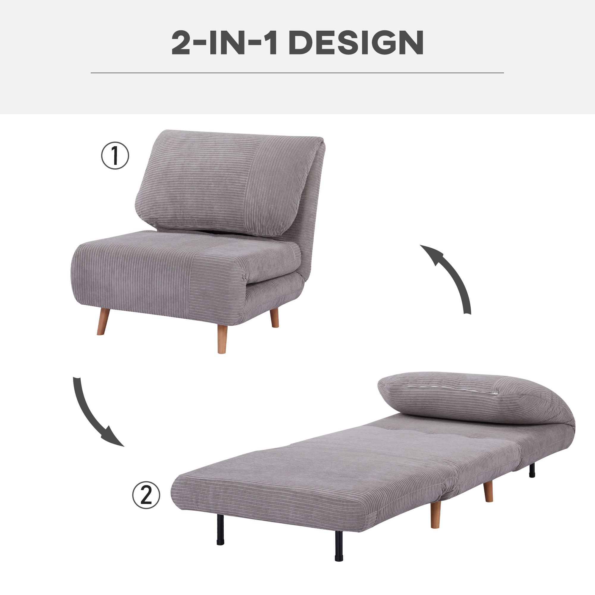 Graues Cordsofa. Zeigt Stuhl- und Bettkonfiguration. Pfeile zeigen die Transformation.