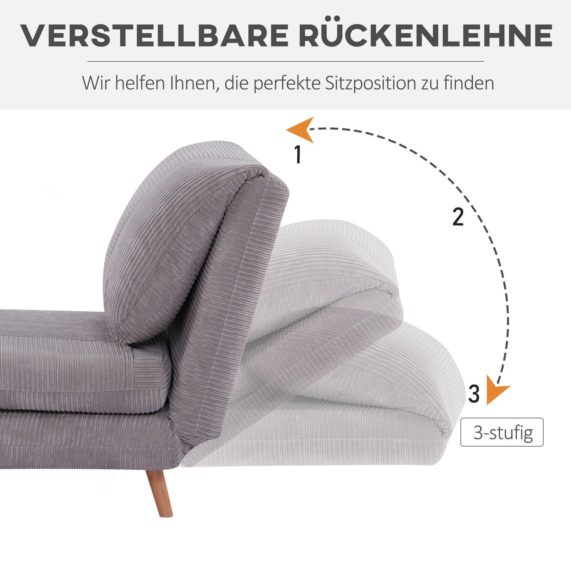 Ein graues Cordsofa mit verstellbarer Rückenlehne. Es zeigt drei Positionen, von aufrecht bis flach, mit gestrichelten Linien.