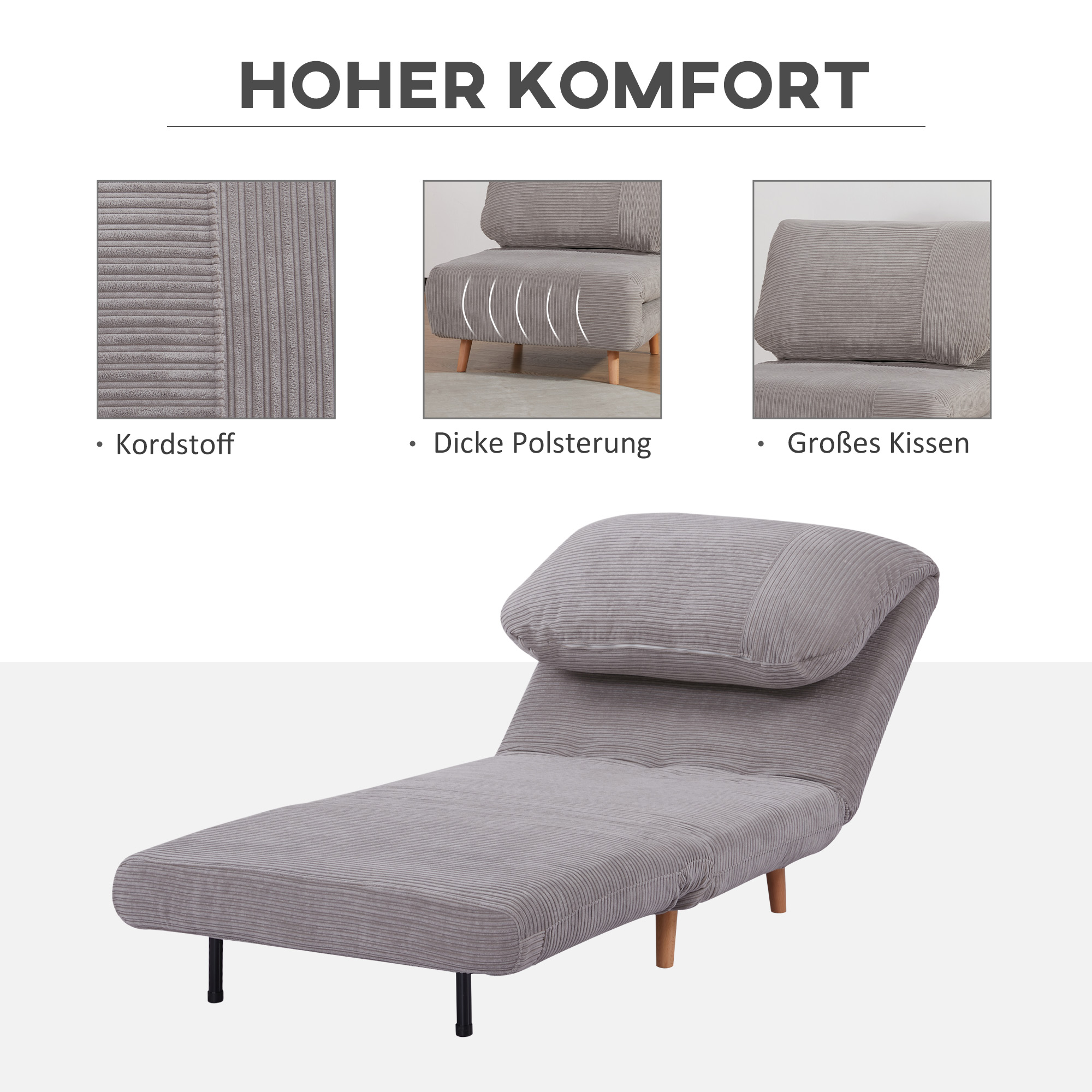 Graues Cordsofa in Bettkonfiguration, mit Nahaufnahmen von Stoff und Kissen.
