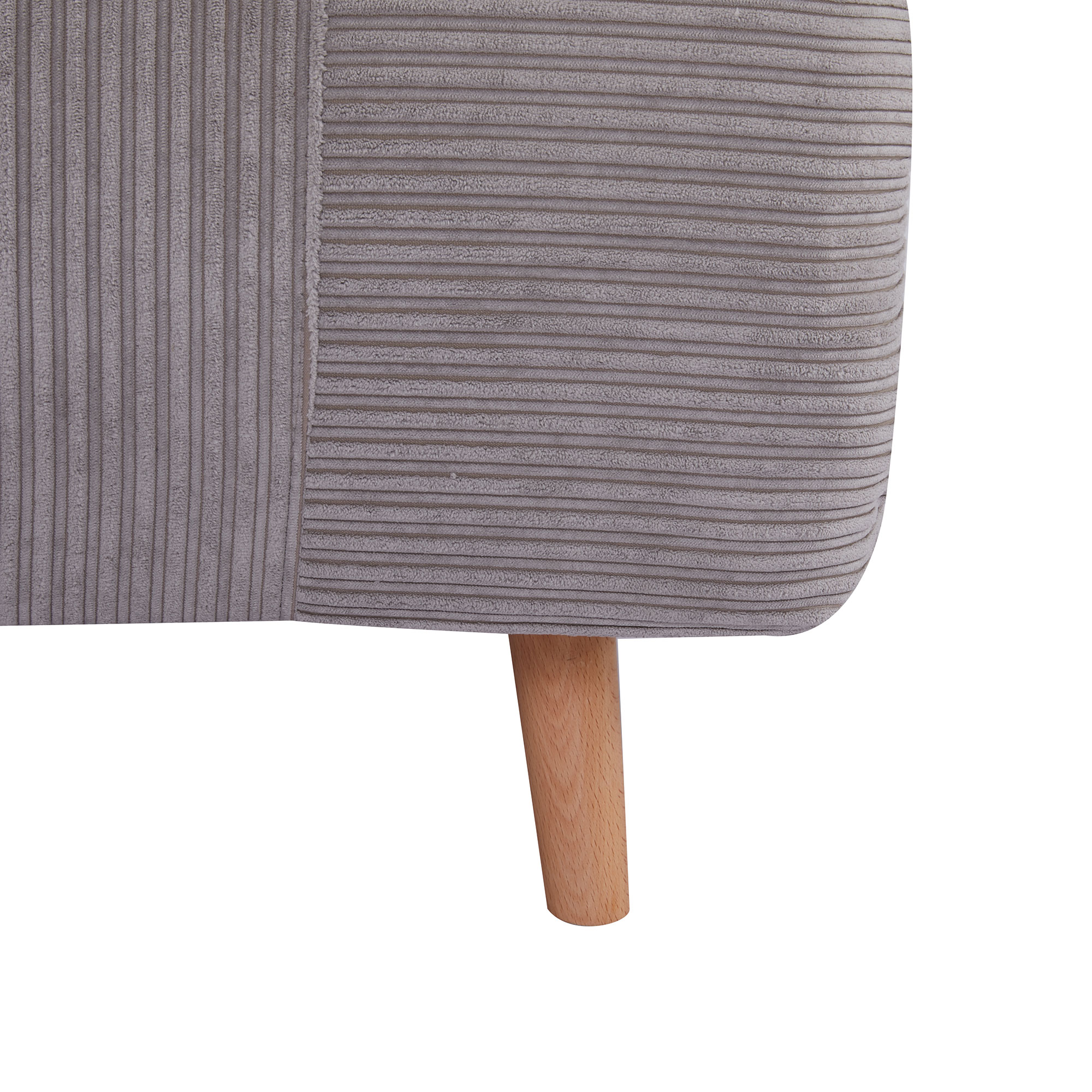 Nahaufnahme eines grauen Cordsofas. Zeigt die Stoffstruktur und ein Holzbein.