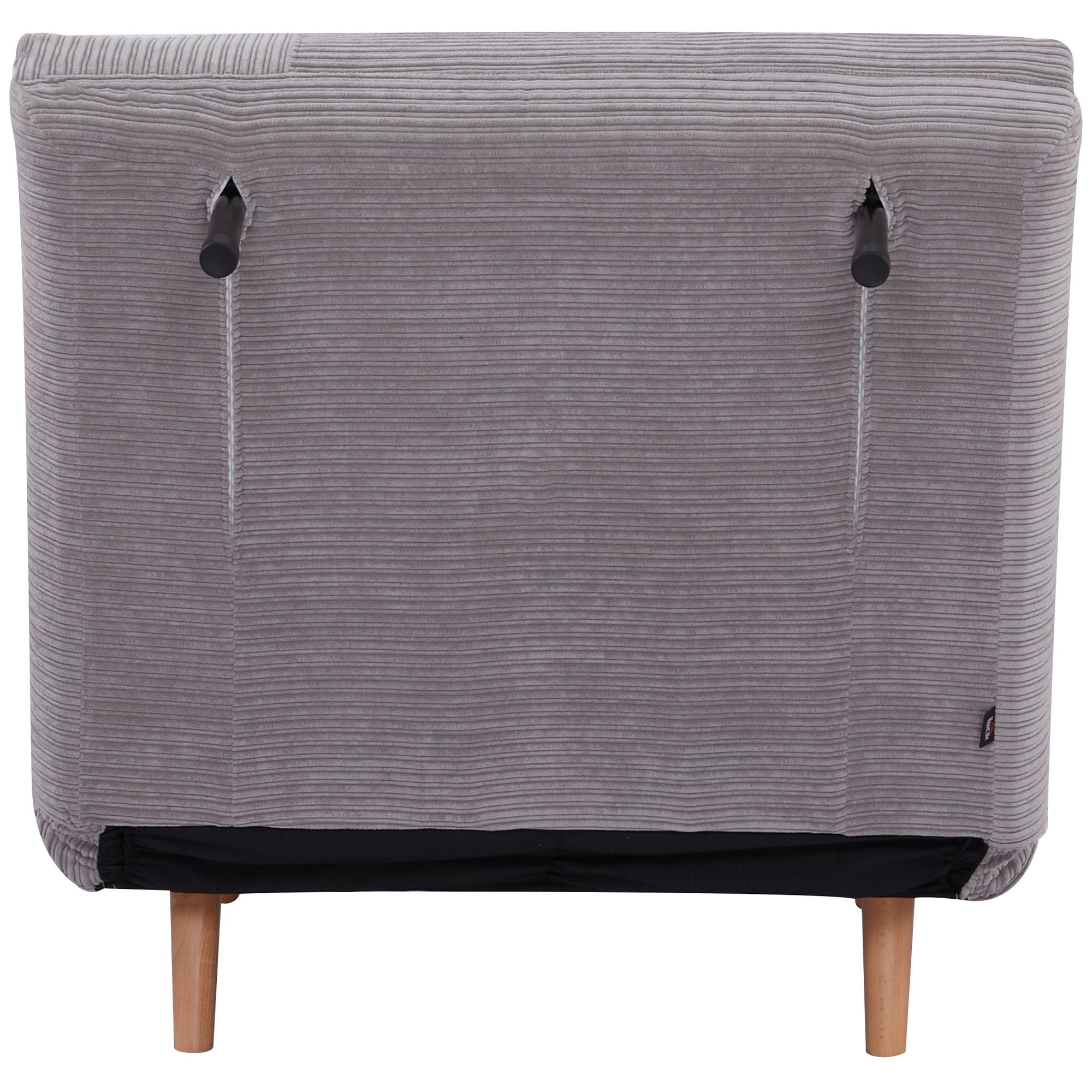 Schienale grigio in velluto a coste con gambe in legno.
